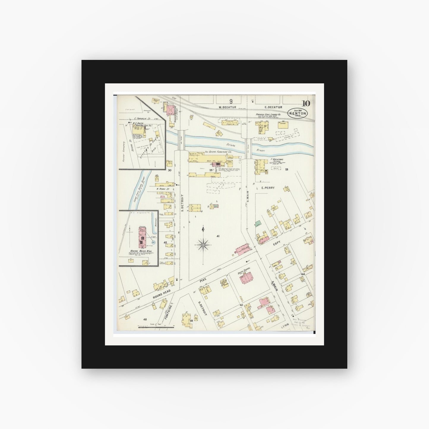 Old map wall art mockup — black gallery frame with white mat — Sanborn Fire Insurance Map from Kenton, Hardin County, Ohio (1897), Sheet #0010