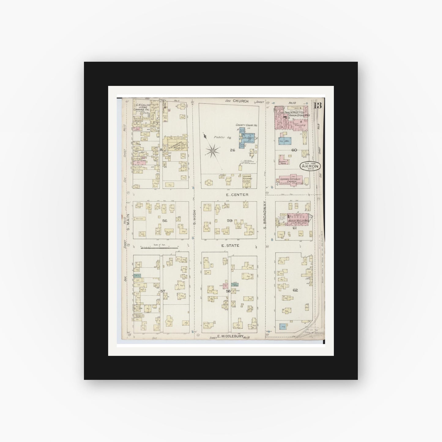 Old map wall art mockup — black gallery frame with white mat — Sanborn Fire Insurance Map from Akron, Summit County, Ohio (1886), Sheet #0013