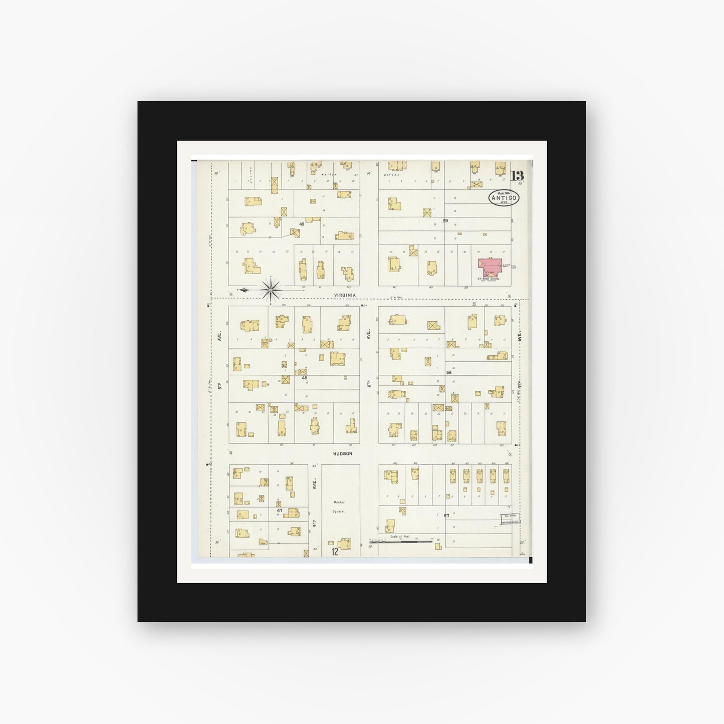 Old map wall art mockup — black gallery frame with white mat — Sanborn Fire Insurance Map from Antigo, Langlade County, Wisconsin (1904), Sheet #0013