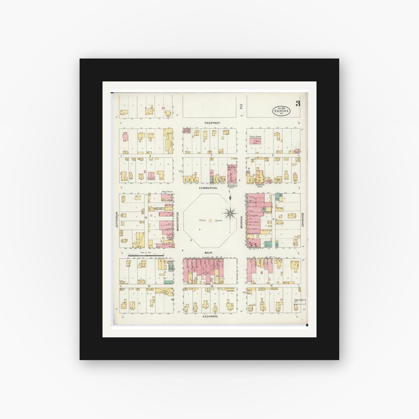 Old map wall art mockup — black gallery frame with white mat — Sanborn Fire Insurance Map from Kahoka, Clark County, Missouri (1898), Sheet #0003