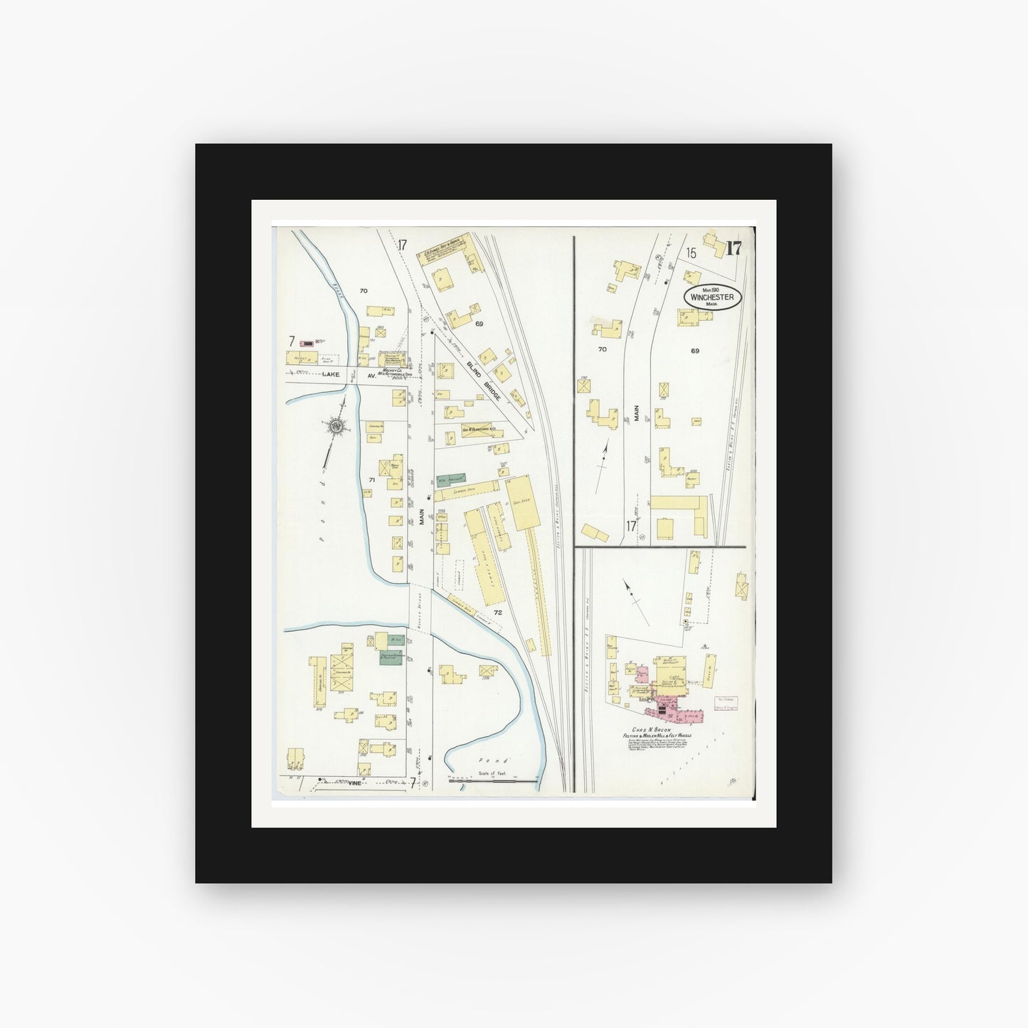 Old map wall art mockup — black gallery frame with white mat — Sanborn Fire Insurance Map from Winchester, Middlesex County, Massachusetts (1910), Sheet #0017
