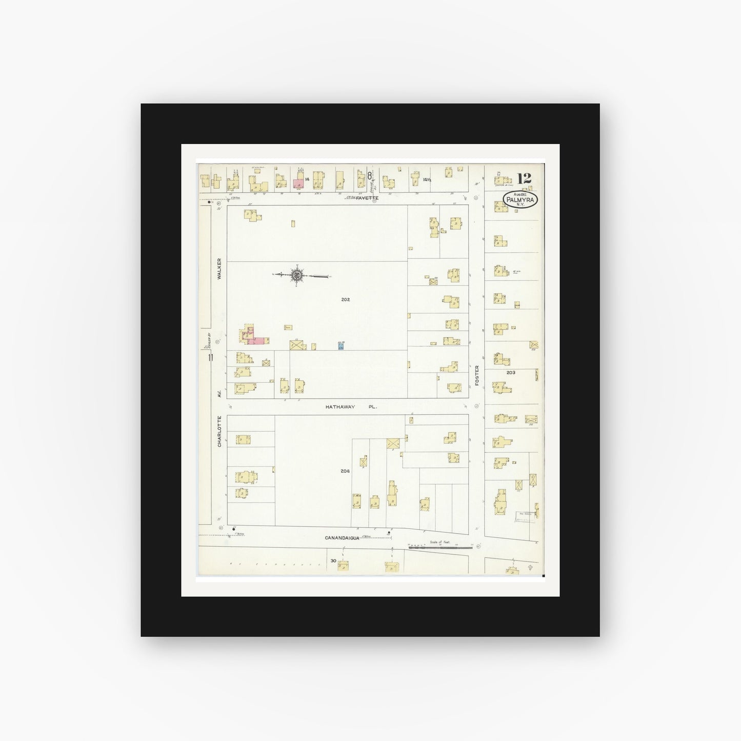 Old map wall art mockup — black gallery frame with white mat — Sanborn Fire Insurance Map from Palmyra, Wayne County, New York (1912), Sheet #0012