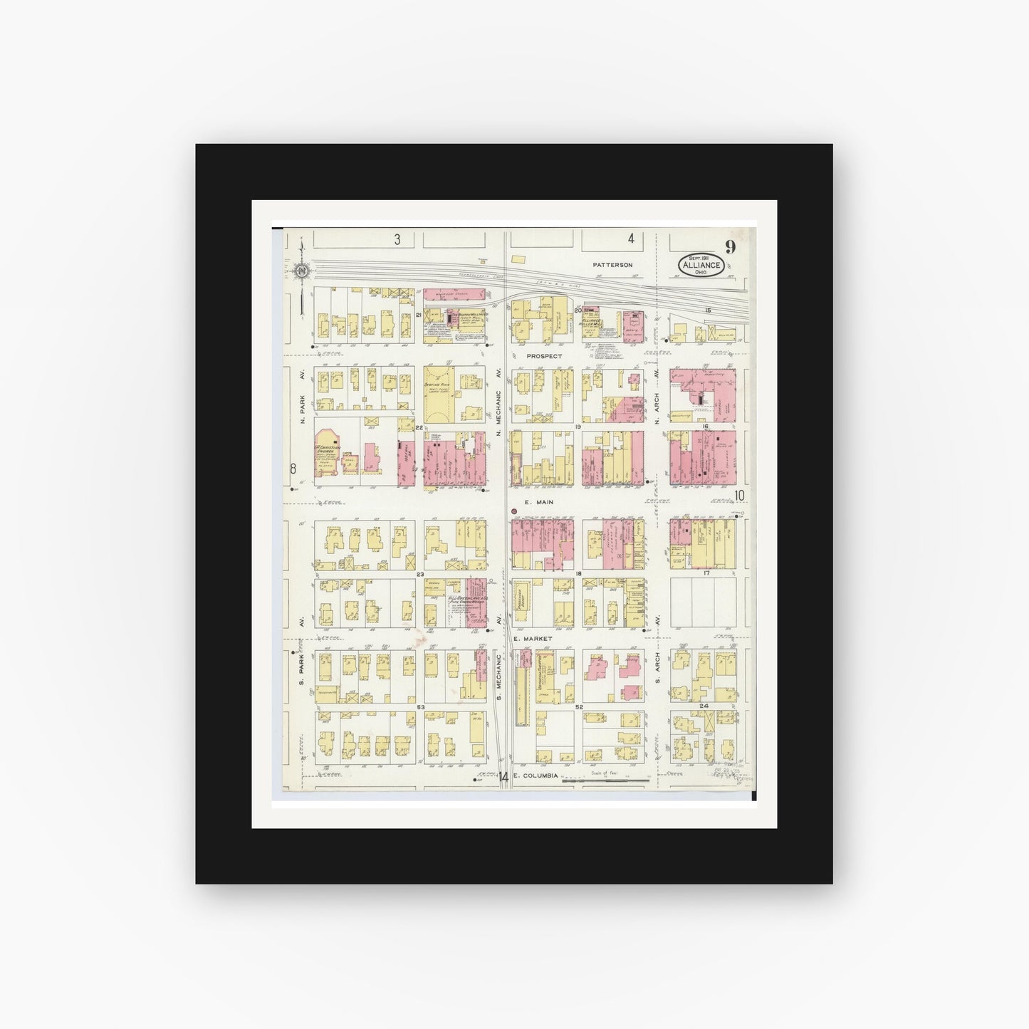 Old map wall art mockup — black gallery frame with white mat — Sanborn Fire Insurance Map from Alliance, Stark County, Ohio (1911), Sheet #0009