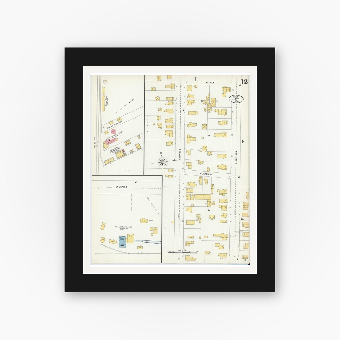 Old map wall art mockup — black gallery frame with white mat — Sanborn Fire Insurance Map from Bath, Steuben County, New York (1904), Sheet #0012