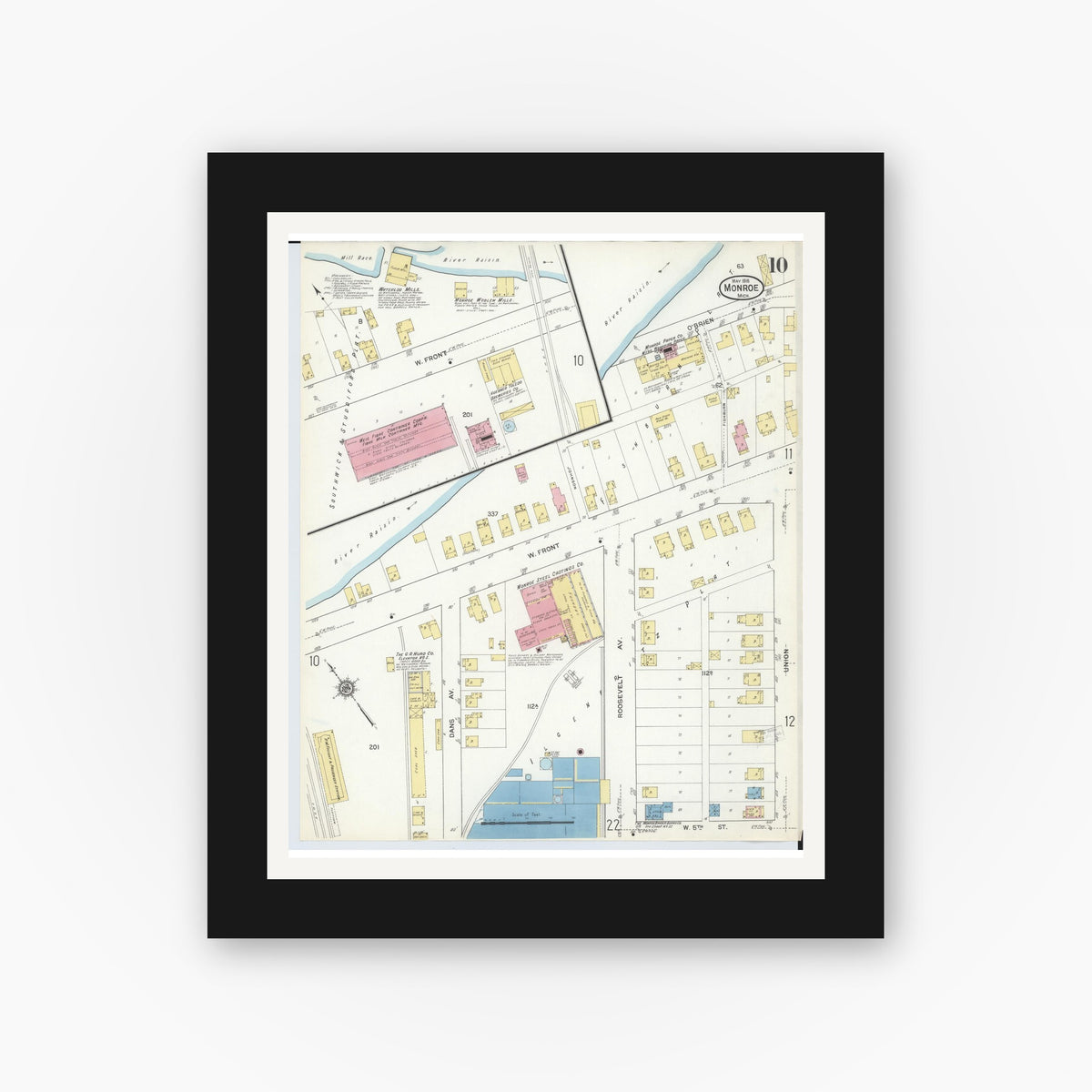 Old map wall art mockup — black gallery frame with white mat — Sanborn Fire Insurance Map from Monroe, Monroe County, Michigan (1916), Sheet #0010