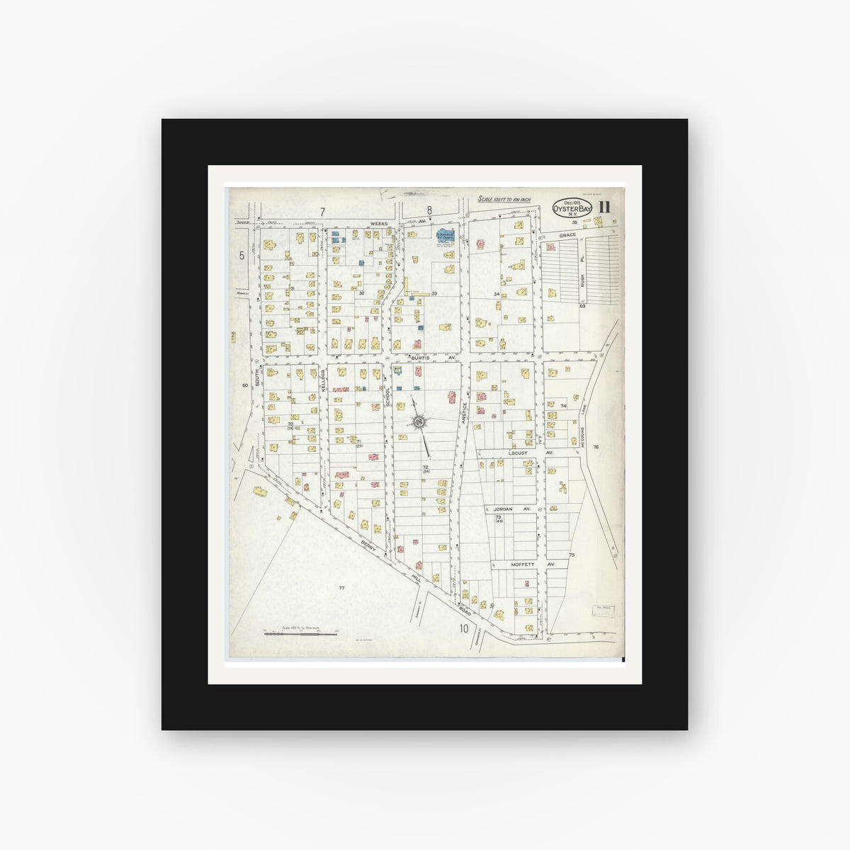 Old map wall art mockup — black gallery frame with white mat — Sanborn Fire Insurance Map from Oyster Bay, Nassau County, New York (1915), Sheet #0011