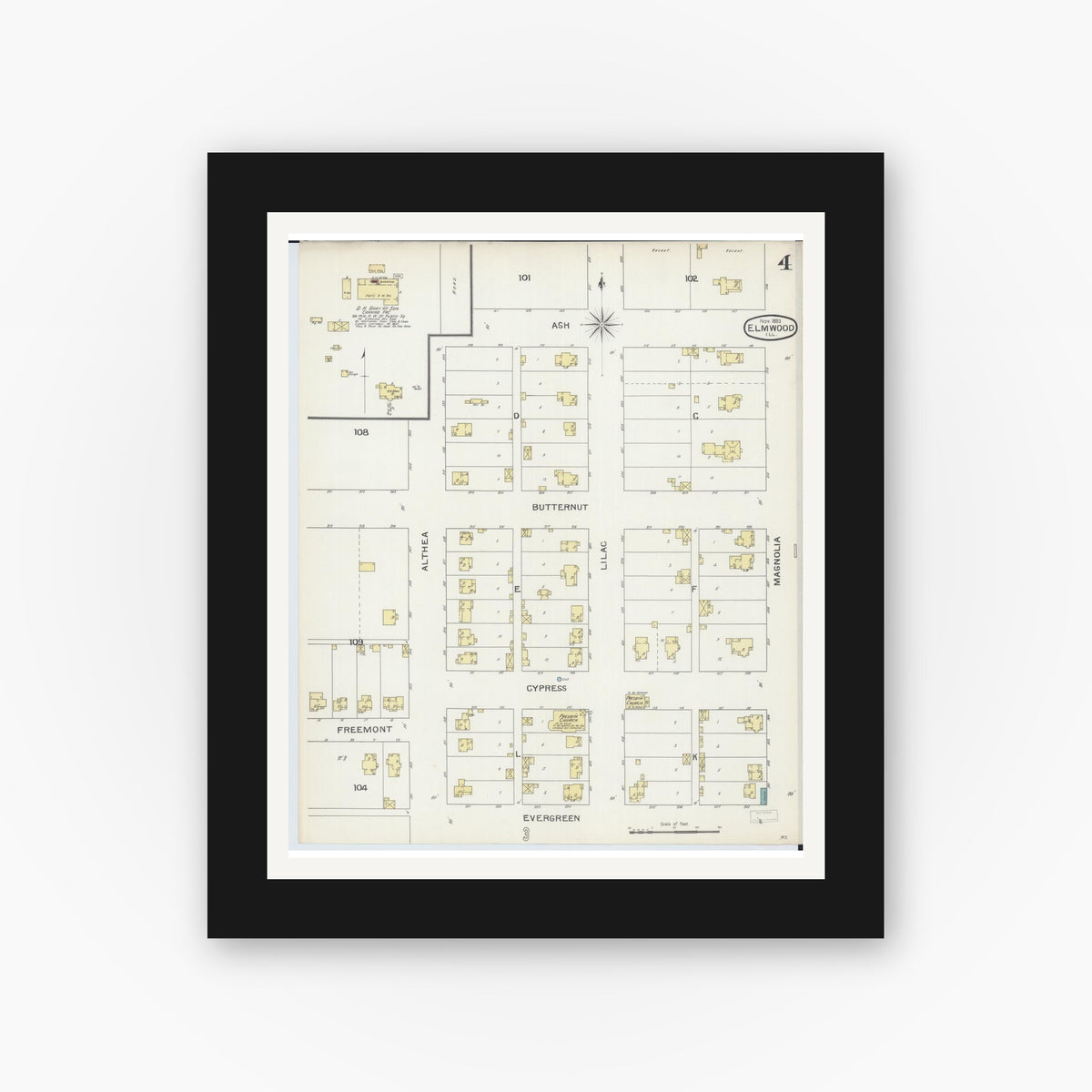 Old map wall art mockup — black gallery frame with white mat — Sanborn Fire Insurance Map from Elmwood, Peoria County, Illinois (1893), Sheet #0004