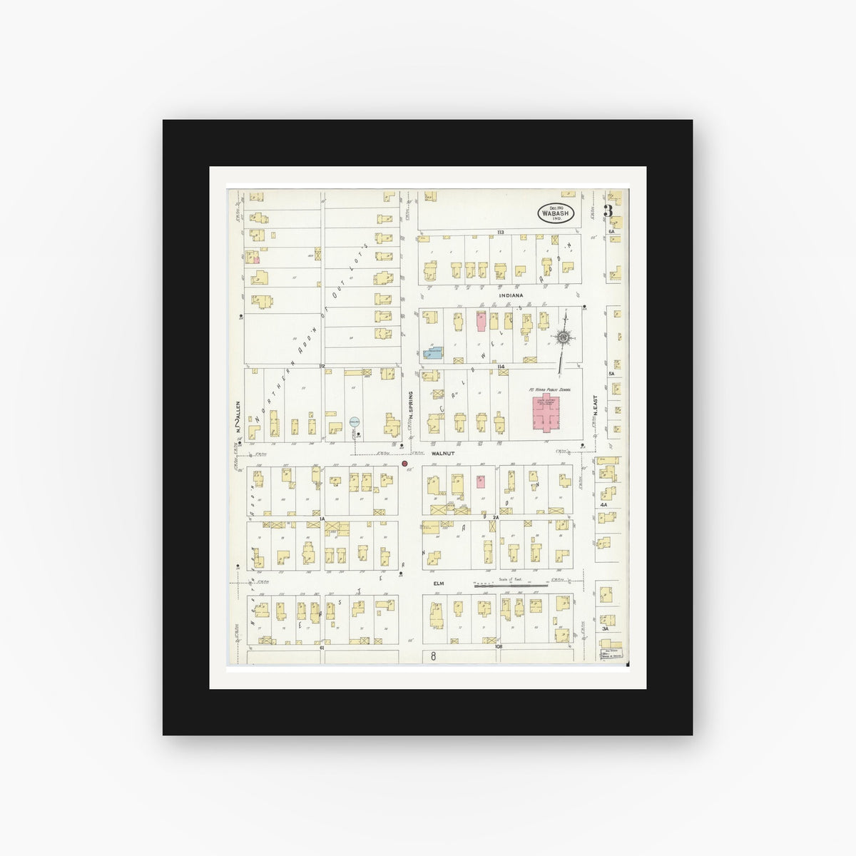 Old map wall art mockup — black gallery frame with white mat — Sanborn Fire Insurance Map from Wabash, Wabash County, Indiana (1910), Sheet #0003