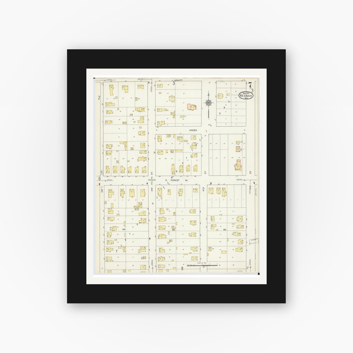 Old map wall art mockup — black gallery frame with white mat — Sanborn Fire Insurance Map from Neenah, Winnebago County, Wisconsin (1913), Sheet #0007