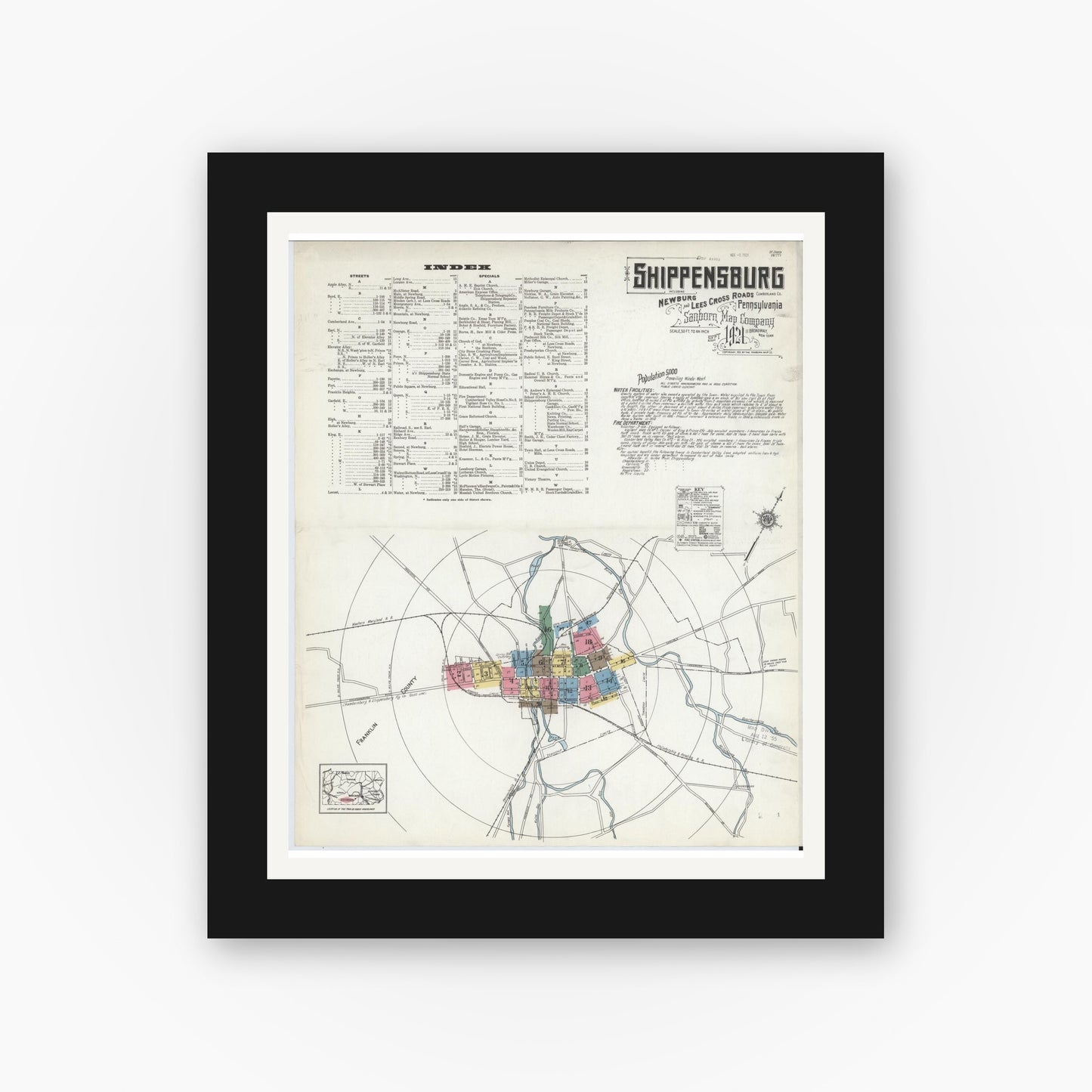 Old map wall art mockup — black gallery frame with white mat — Sanborn Fire Insurance Map from Shippensburg, Cumberland And Franklin Counties, Pennsylvania (1921) - Complete Map Set