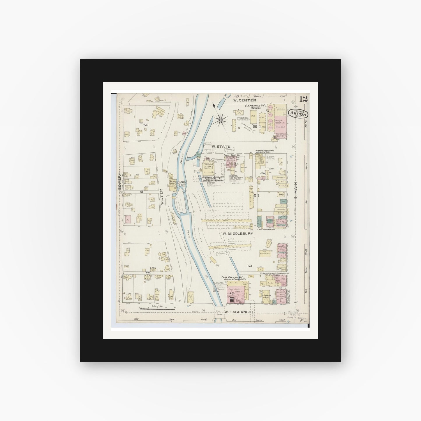 Old map wall art mockup — black gallery frame with white mat — Sanborn Fire Insurance Map from Akron, Summit County, Ohio (1886), Sheet #0012