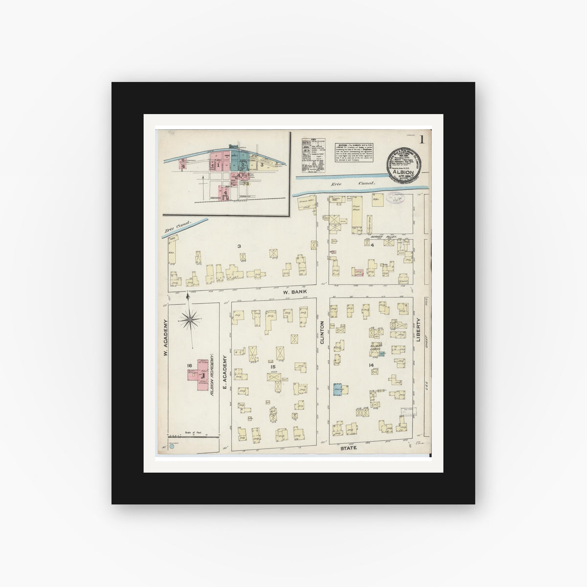 Old map wall art mockup — black gallery frame with white mat — Sanborn Fire Insurance Map from Albion, Orleans County, New York (1884) - Complete Map Set