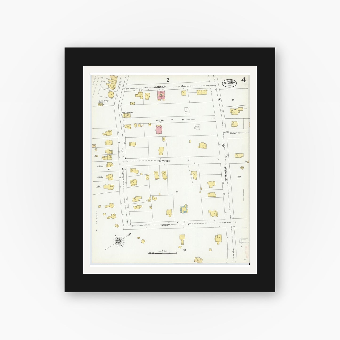 Old map wall art mockup — black gallery frame with white mat — Sanborn Fire Insurance Map from Summit, Union County, New Jersey (1903), Sheet #0004