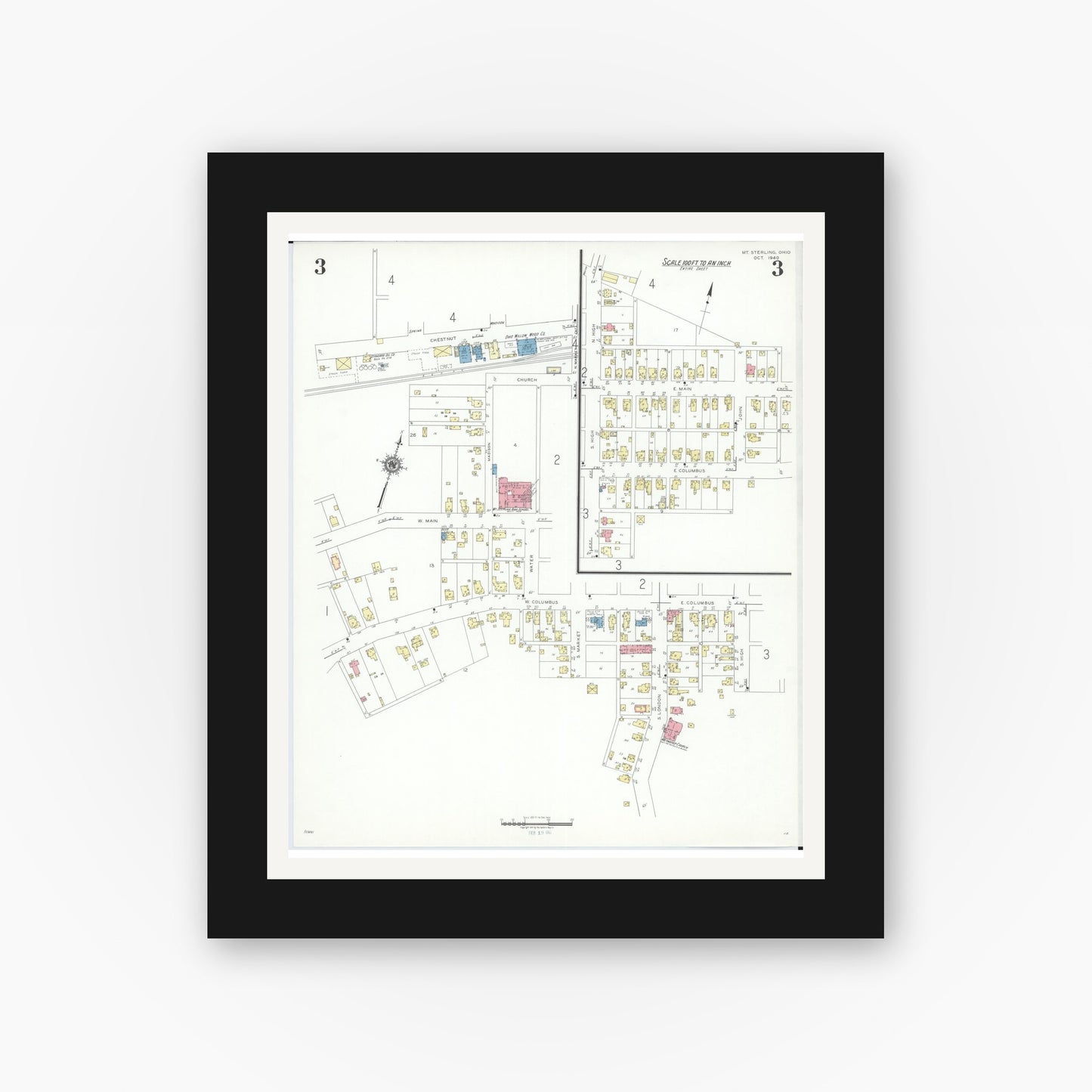 Old map wall art mockup — black gallery frame with white mat — Sanborn Fire Insurance Map from Mount Sterling, Madison County, Ohio (1940), Sheet #0003
