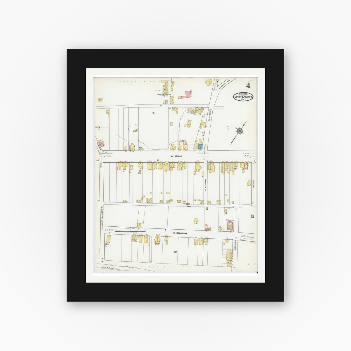 Old map wall art mockup — black gallery frame with white mat — Sanborn Fire Insurance Map from Shippensburg, Cumberland And Franklin Counties, Pennsylvania (1921), Sheet #0004