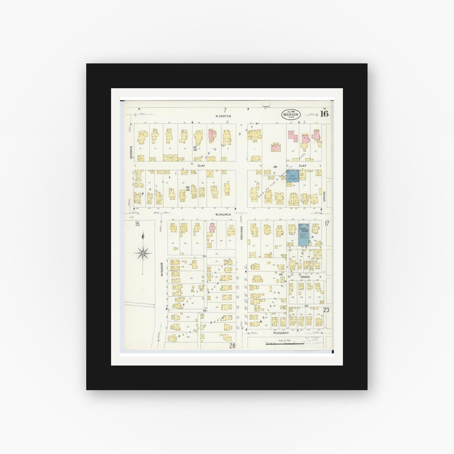 Old map wall art mockup — black gallery frame with white mat — Sanborn Fire Insurance Map from Marion, Marion County, Ohio (1908), Sheet #0016