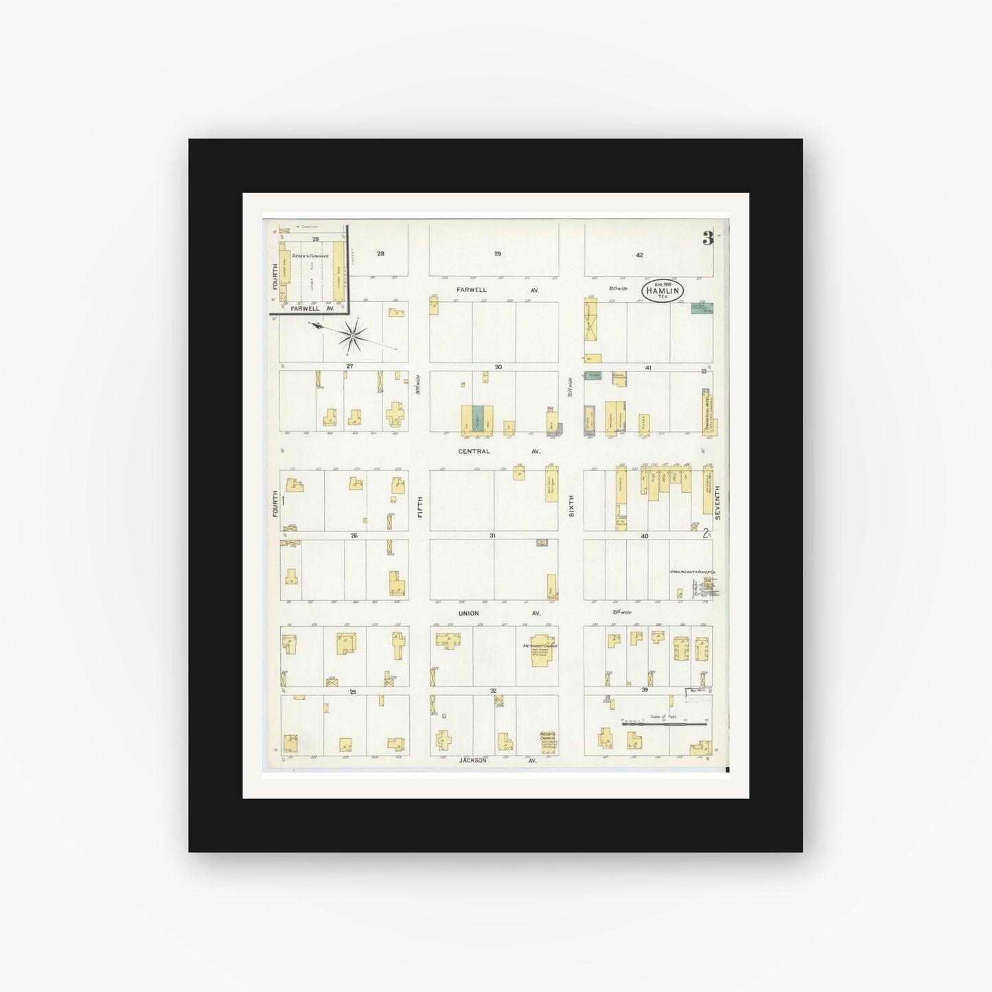 Old map wall art mockup — black gallery frame with white mat — Sanborn Fire Insurance Map from Hamlin, Jones County, Texas (1908), Sheet #0003