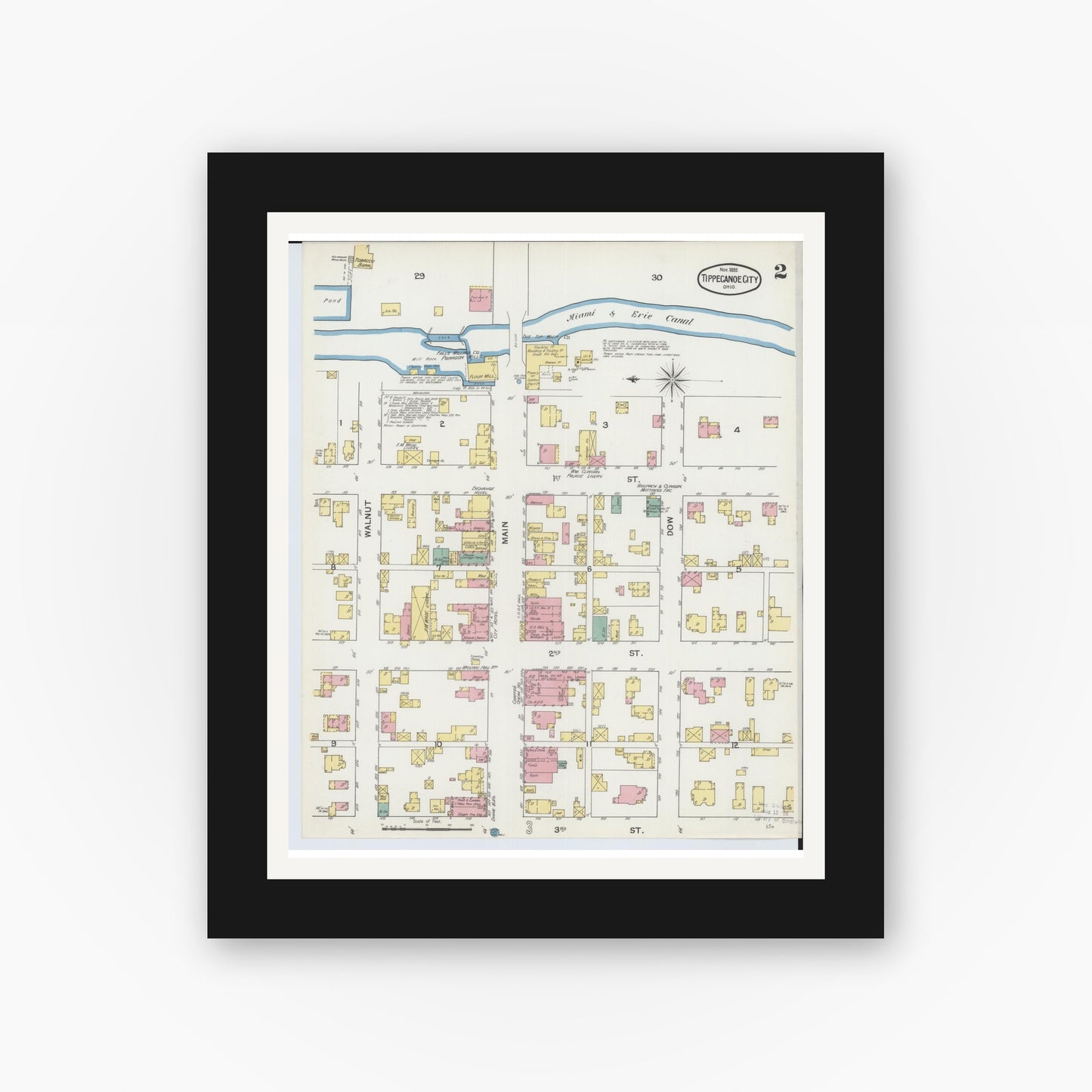 Old map wall art mockup — black gallery frame with white mat — Sanborn Fire Insurance Map from Tipp City, Miami County, Ohio (1892), Sheet #0002