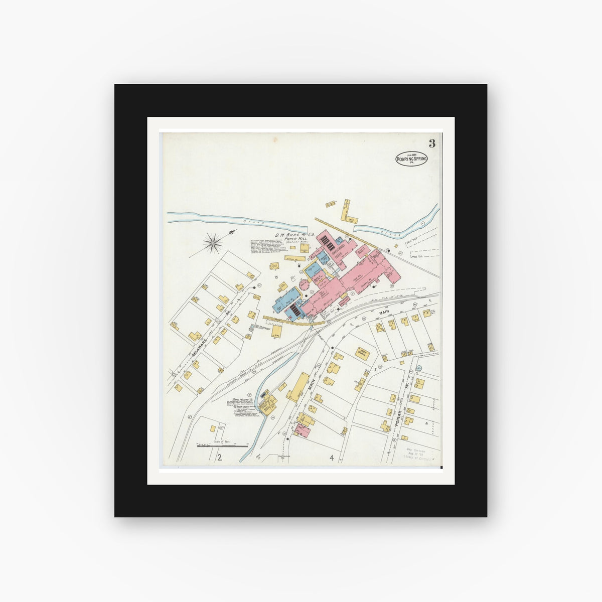 Old map wall art mockup — black gallery frame with white mat — Sanborn Fire Insurance Map from Roaring Spring, Blair County, Pennsylvania (1899), Sheet #0003