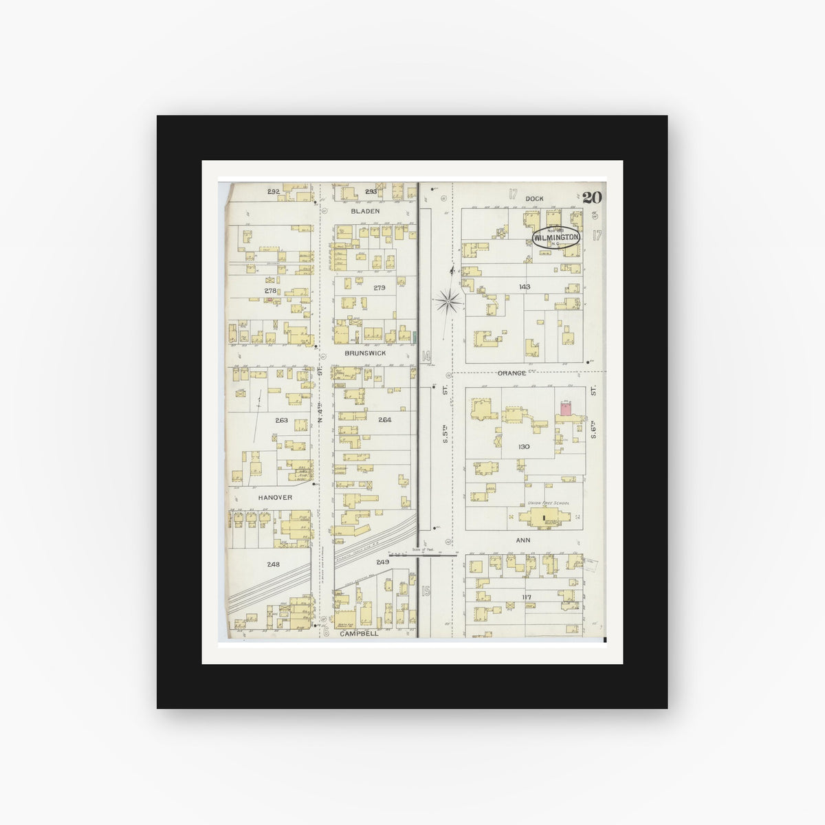 Old map wall art mockup — black gallery frame with white mat — Sanborn Fire Insurance Map from Wilmington, New Hanover County, North Carolina (1893), Sheet #0020