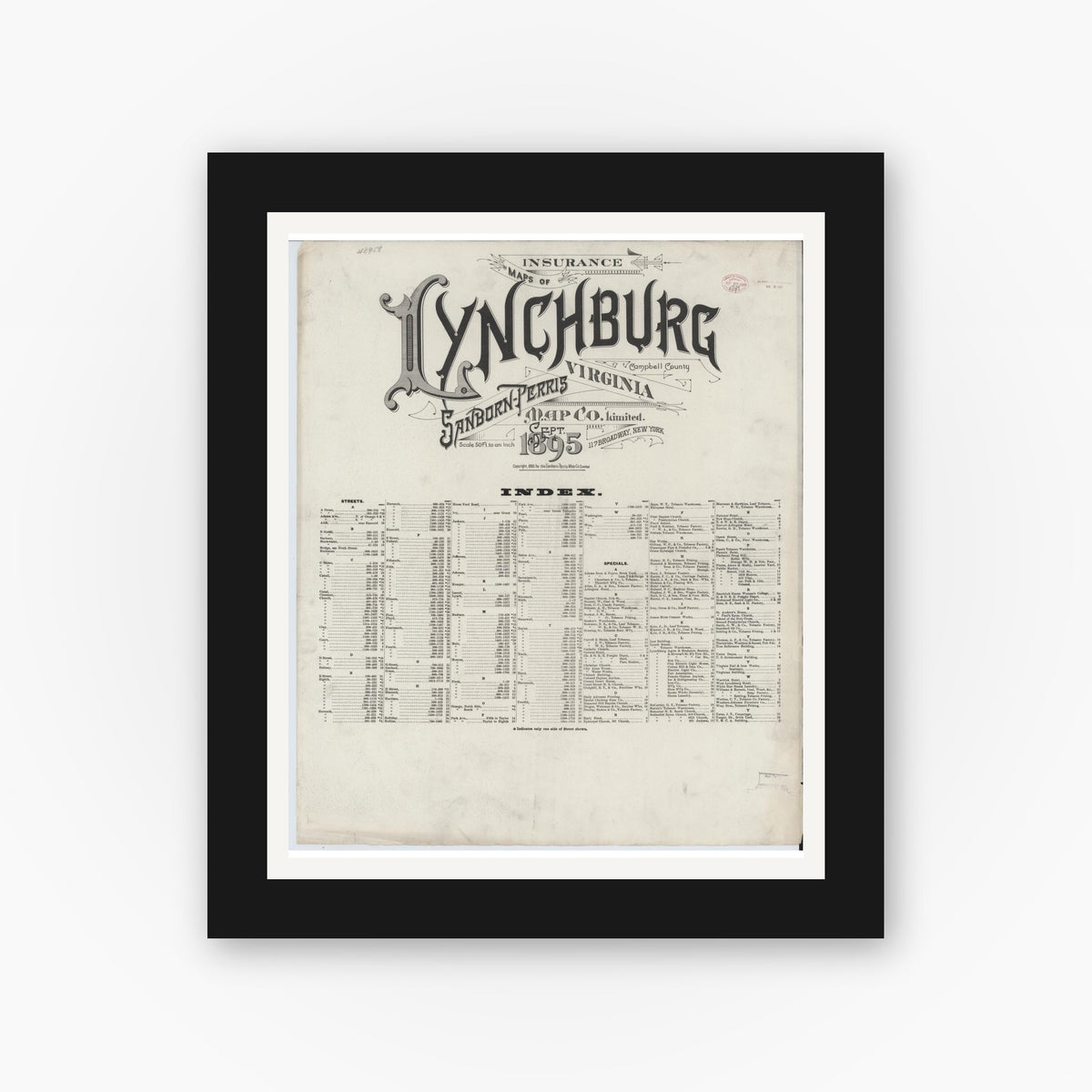 Old map wall art mockup — black gallery frame with white mat — Sanborn Fire Insurance Map from Lynchburg, Independent Cities, Virginia (1895), Sheet #0001