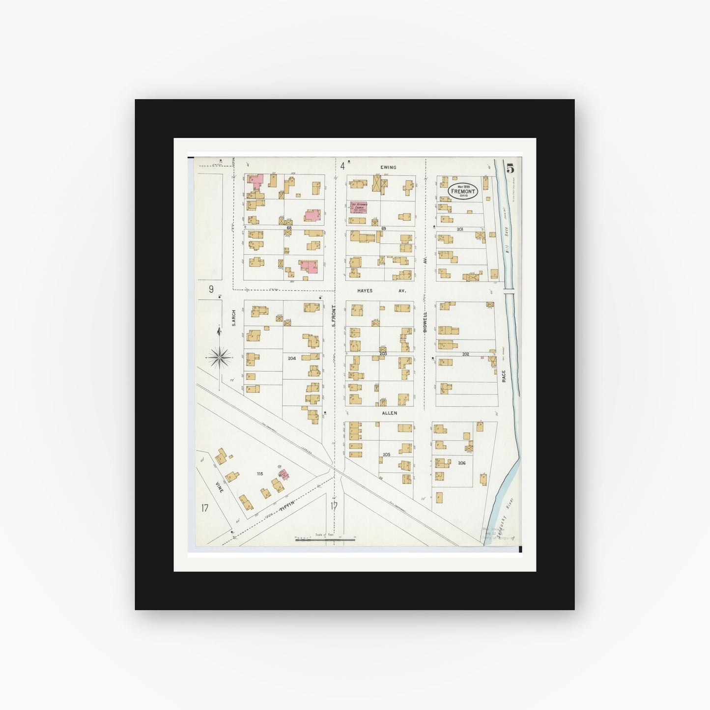 Old map wall art mockup — black gallery frame with white mat — Sanborn Fire Insurance Map from Fremont, Sandusky County, Ohio (1899), Sheet #0005