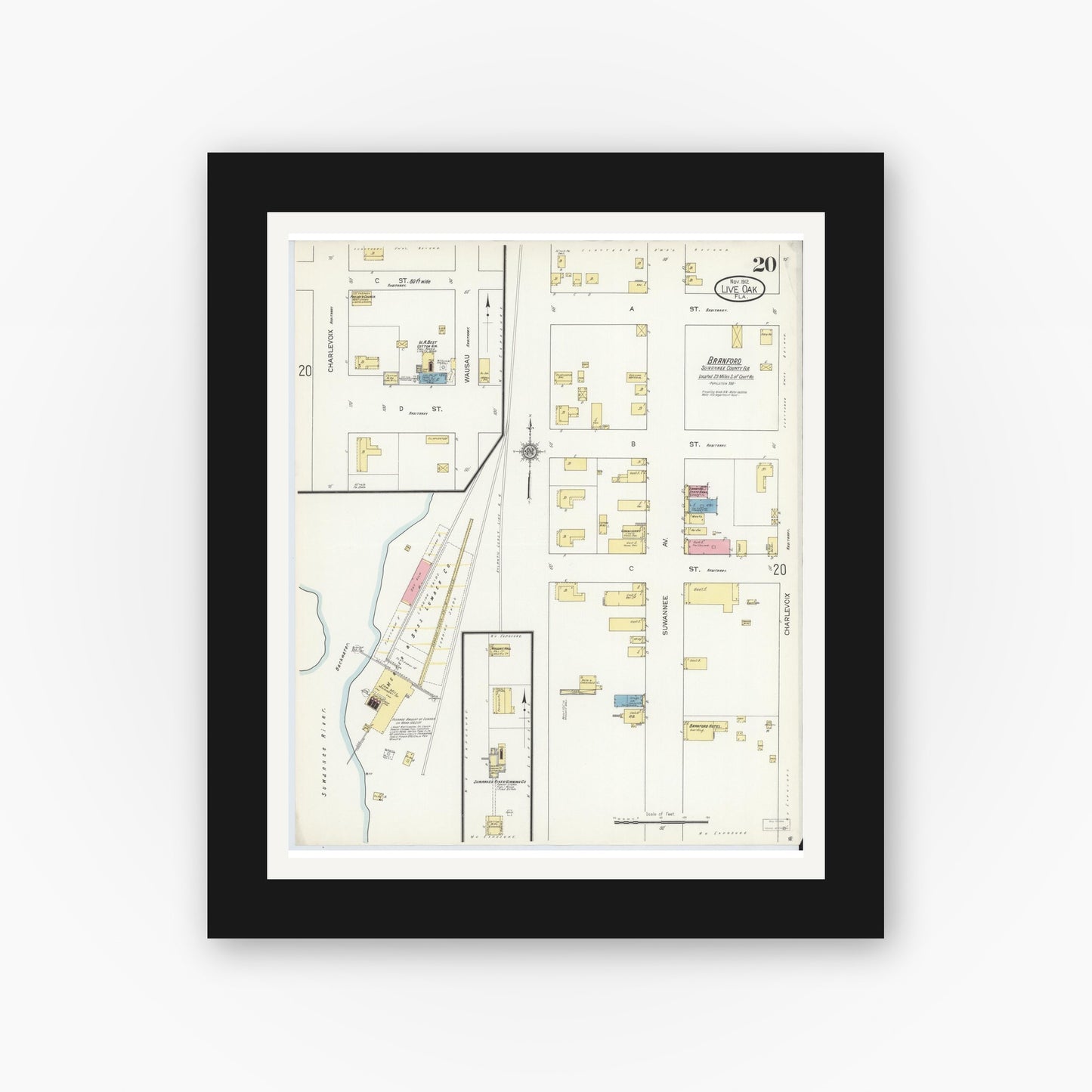 Old map wall art mockup — black gallery frame with white mat — Sanborn Fire Insurance Map from Live Oak, Suwanee County, Florida (1912), Sheet #0020