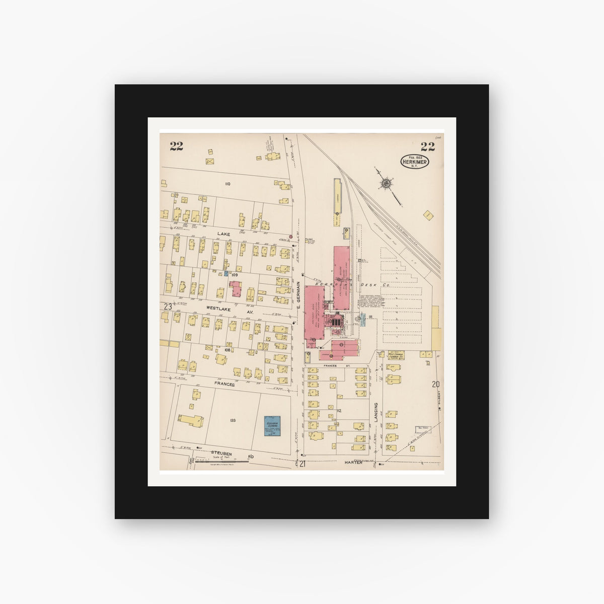 Old map wall art mockup — black gallery frame with white mat — Sanborn Fire Insurance Map from Herkimer, Herkimer County, New York (1923), Sheet #0022