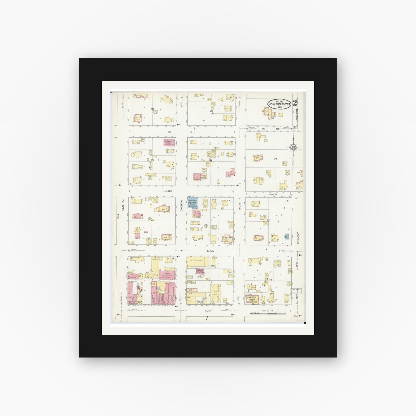 Old map wall art mockup — black gallery frame with white mat — Sanborn Fire Insurance Map from Richland Center, Richland County, Wisconsin (1912), Sheet #0002