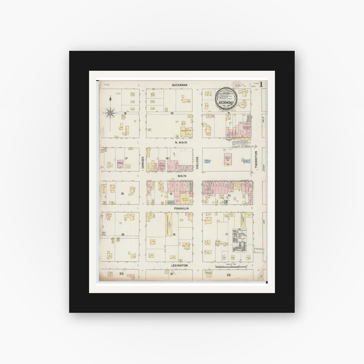 Old map wall art mockup — black gallery frame with white mat — Sanborn Fire Insurance Map from Richmond, Ray County, Missouri (1888) - Complete Map Set