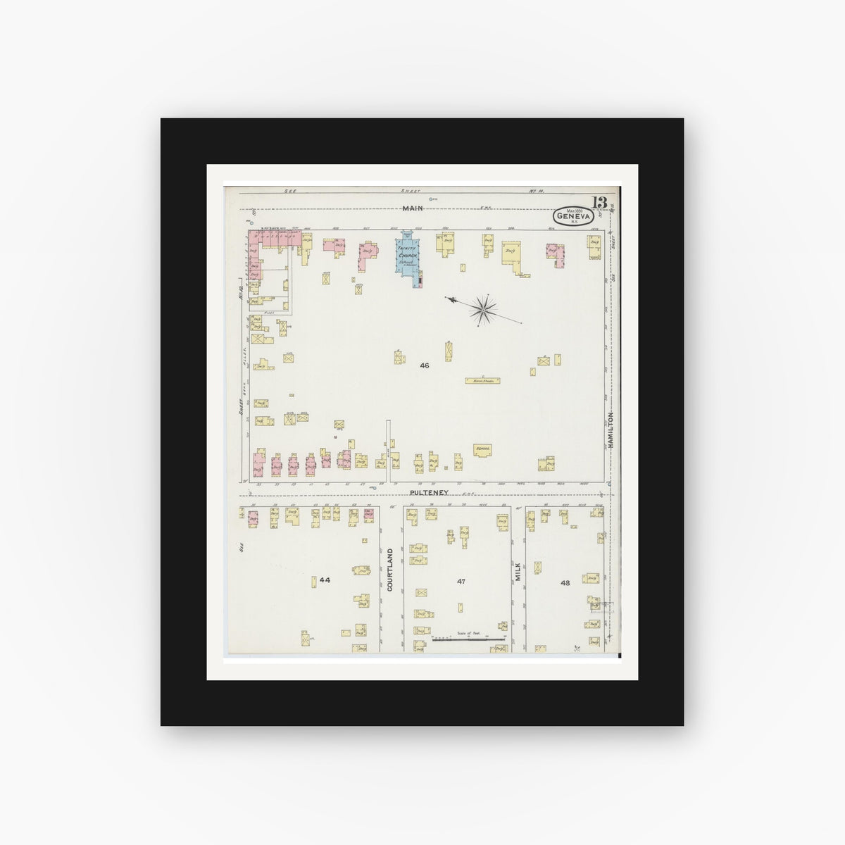 Old map wall art mockup — black gallery frame with white mat — Sanborn Fire Insurance Map from Geneva, Ontario County, New York (1890), Sheet #0013
