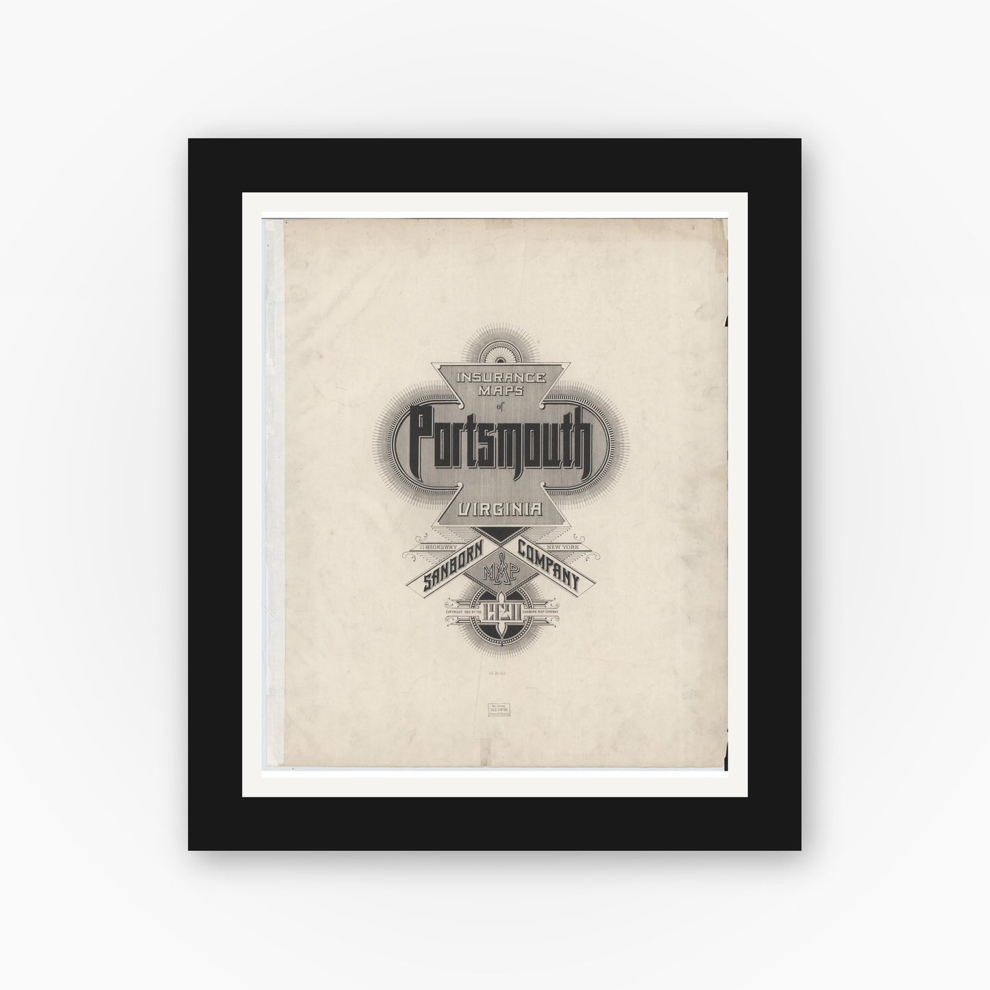 Old map wall art mockup — black gallery frame with white mat — Sanborn Fire Insurance Map from Portsmouth, Independent Cities, Virginia (1920), Sheet #0001