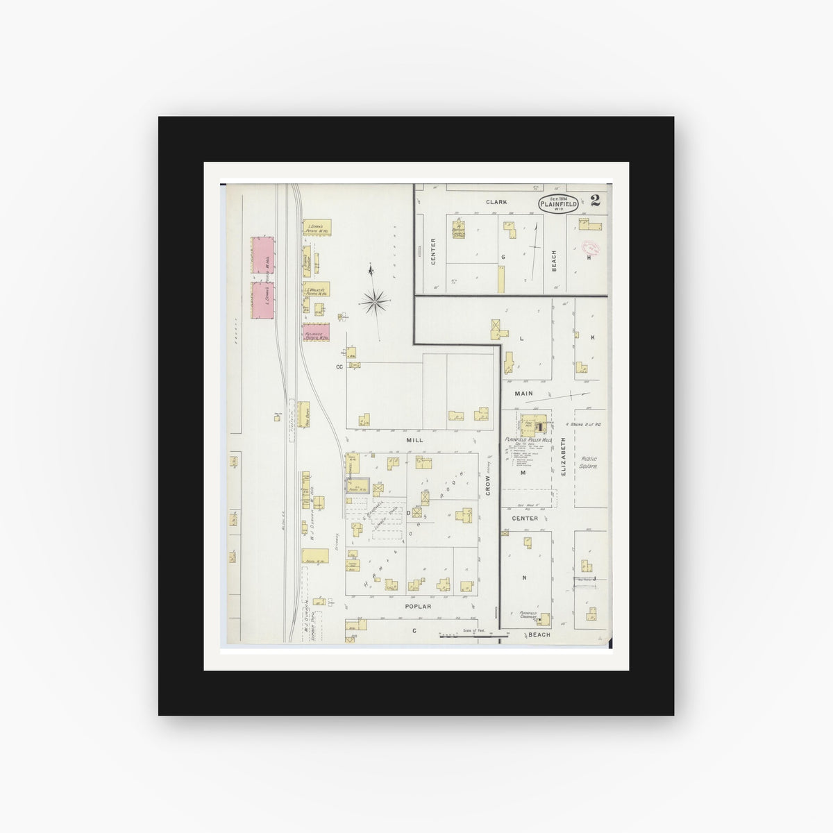 Old map wall art mockup — black gallery frame with white mat — Sanborn Fire Insurance Map from Plainfield, Waushara County, Wisconsin (1894), Sheet #0002