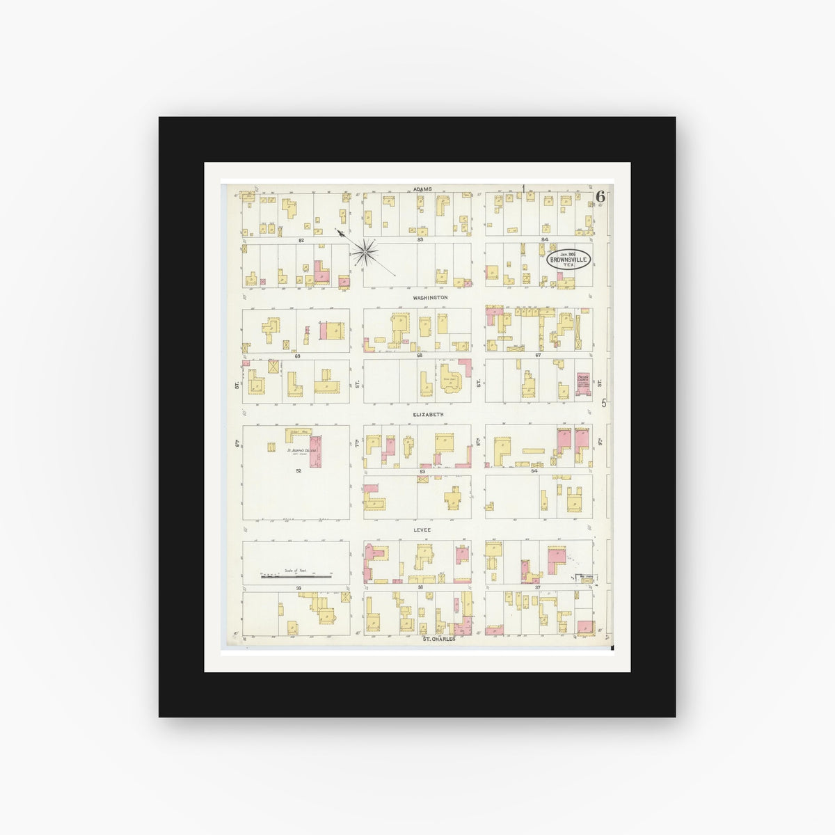 Old map wall art mockup — black gallery frame with white mat — Sanborn Fire Insurance Map from Brownsville, Cameron County, Texas (1906), Sheet #0006