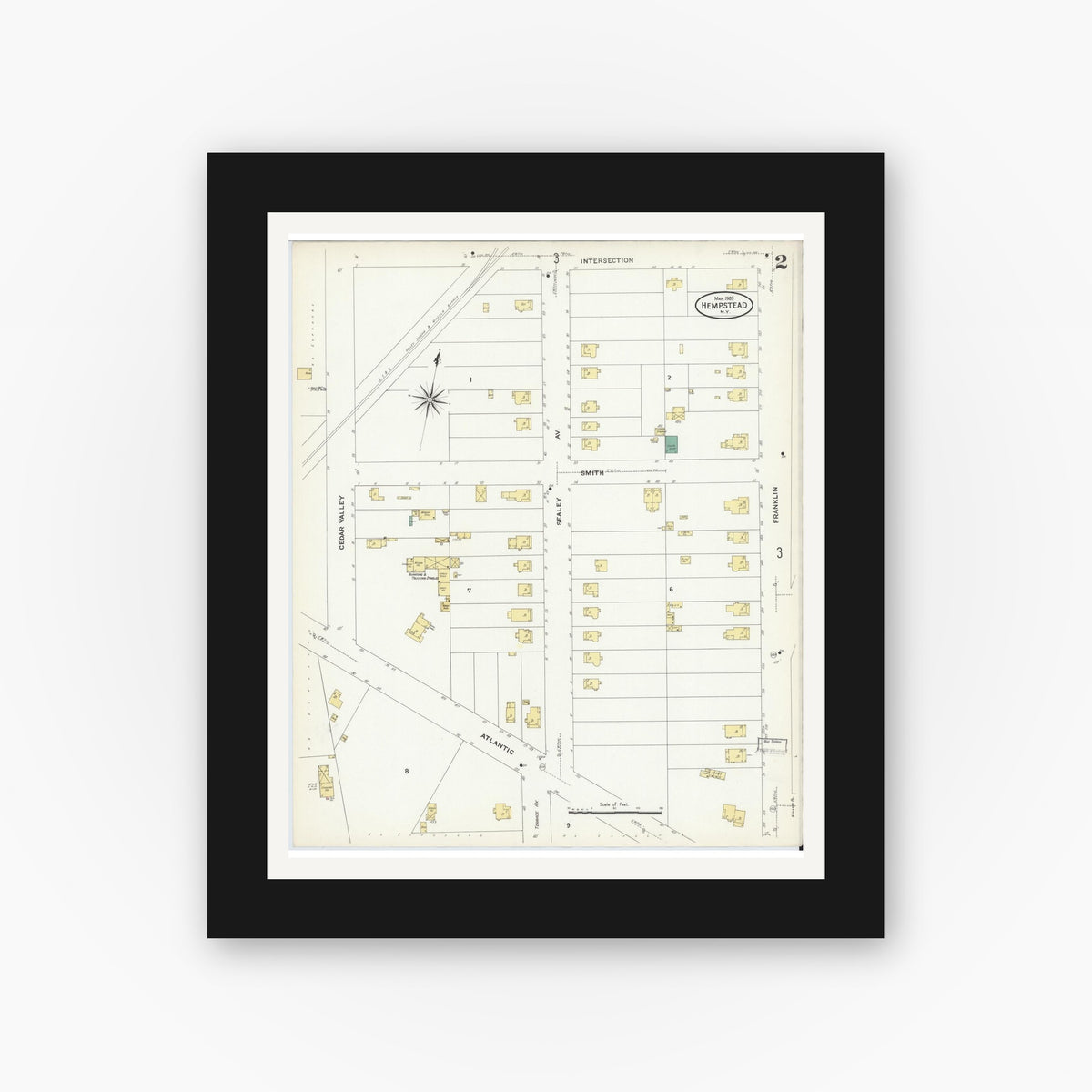 Old map wall art mockup — black gallery frame with white mat — Sanborn Fire Insurance Map from Hempstead, Nassau County, New York (1909) - Complete Map Set