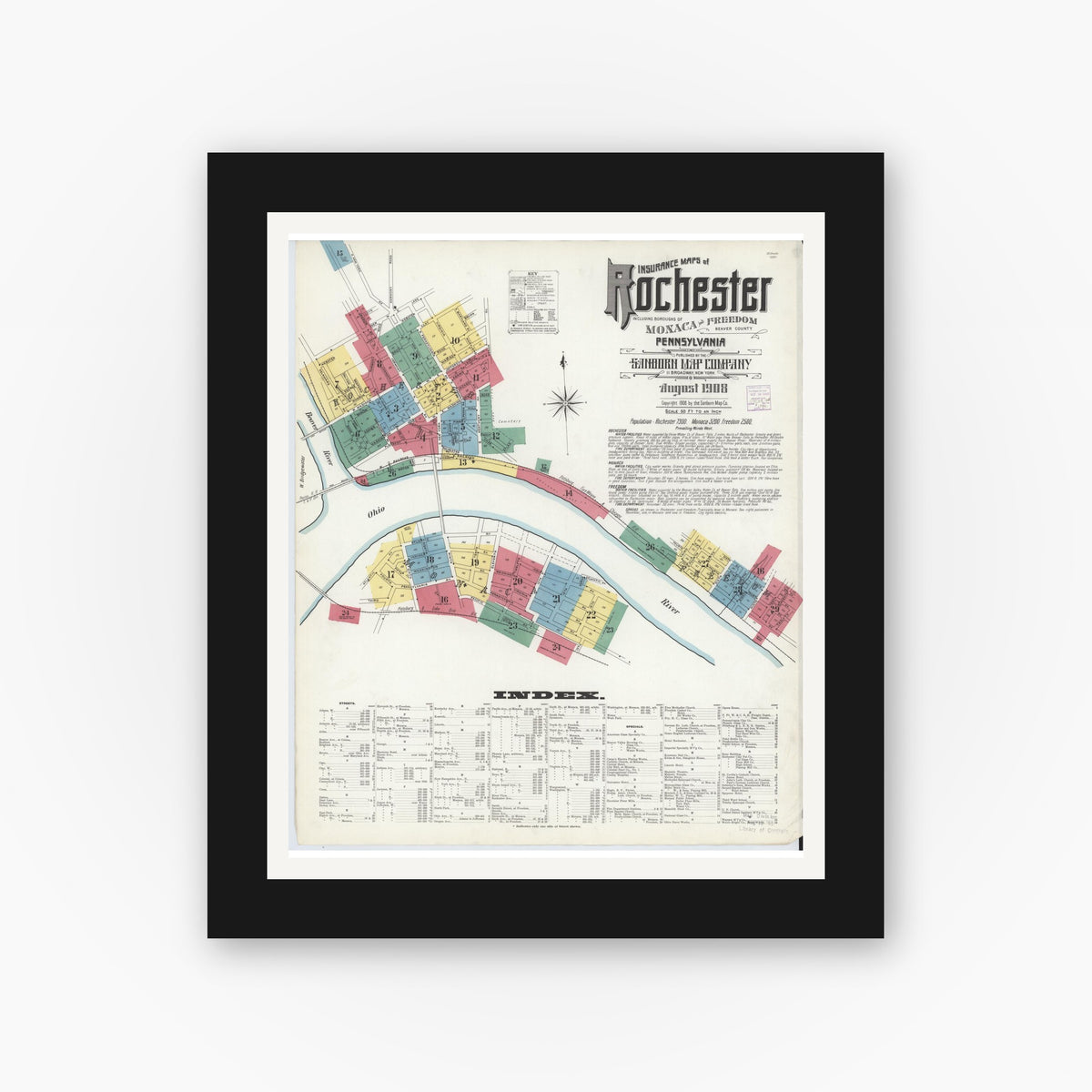 Old map wall art mockup — black gallery frame with white mat — Sanborn Fire Insurance Map from Rochester, Beaver County, Pennsylvania (1908) - Complete Map Set