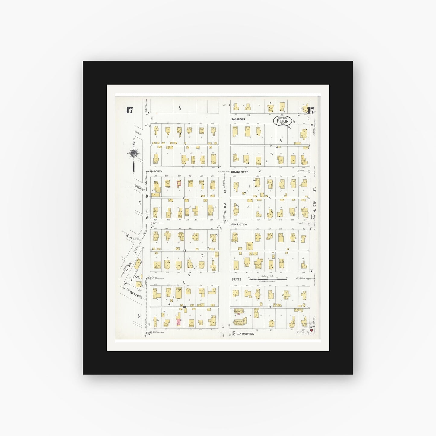 Old map wall art mockup — black gallery frame with white mat — Sanborn Fire Insurance Map from Pekin, Tazewell County, Illinois (1925), Sheet #0017