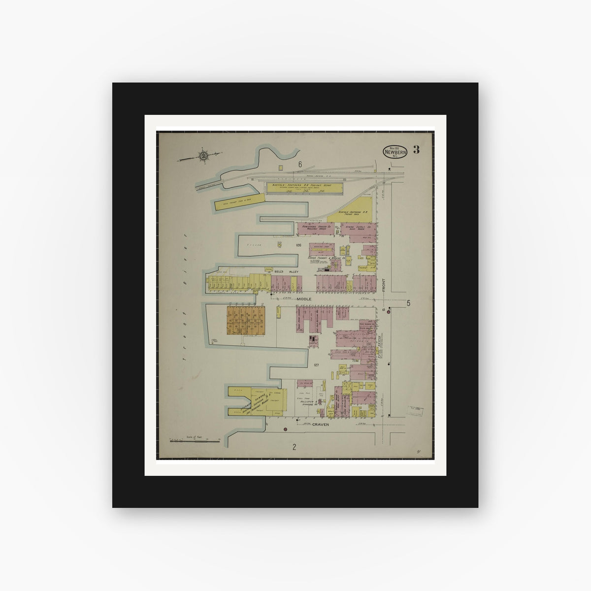 Old map wall art mockup — black gallery frame with white mat — Sanborn Fire Insurance Map from New Bern, Craven County, North Carolina (1913), Sheet #0003