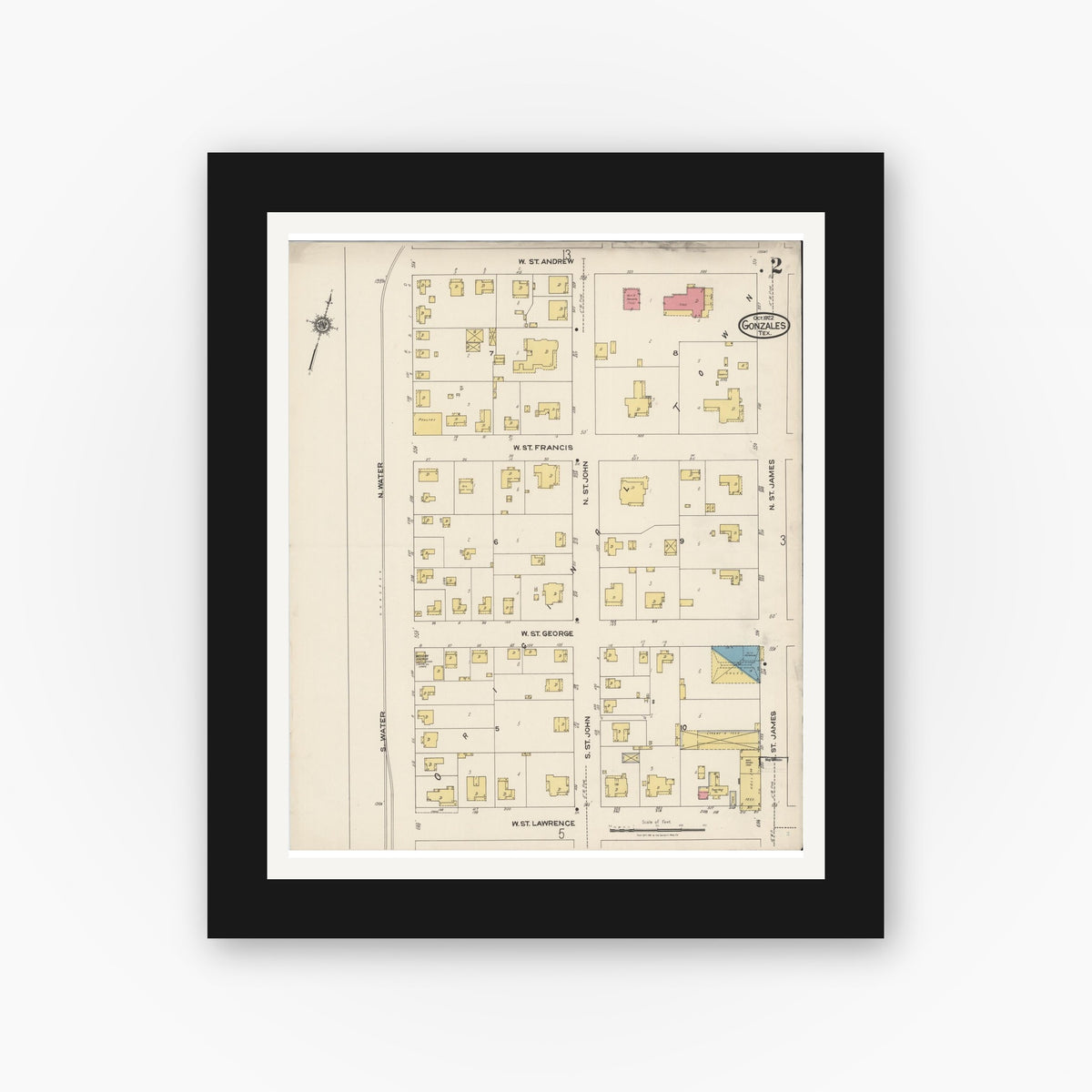 Old map wall art mockup — black gallery frame with white mat — Sanborn Fire Insurance Map from Gonzales, Gonzales County, Texas (1922), Sheet #0002
