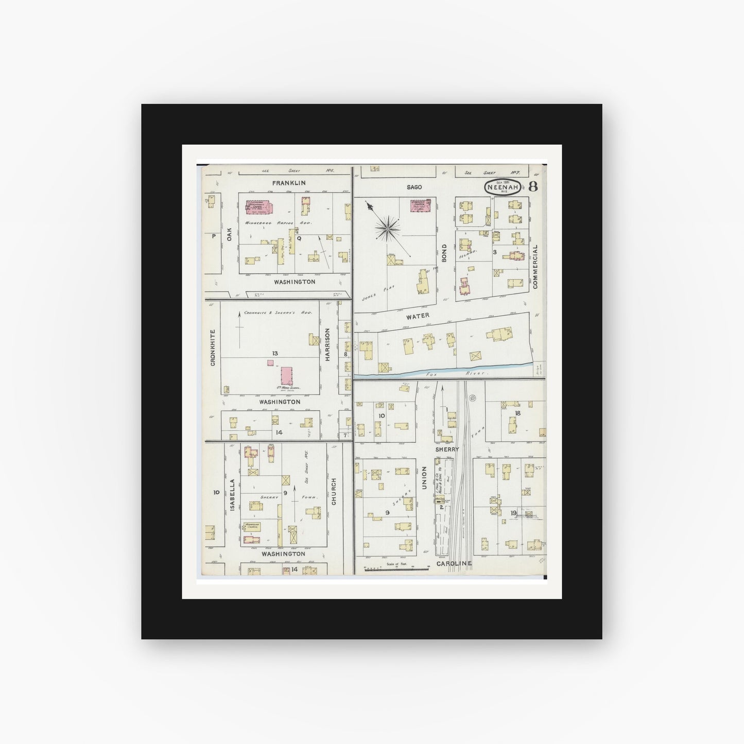 Old map wall art mockup — black gallery frame with white mat — Sanborn Fire Insurance Map from Neenah, Winnebago County, Wisconsin (1891), Sheet #0008