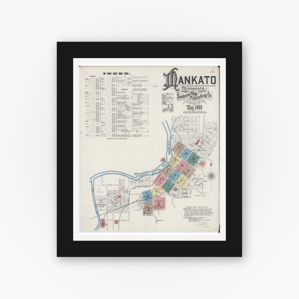 Old map wall art mockup — black gallery frame with white mat — Sanborn Fire Insurance Map from Mankato, Blue Earth County, Minnesota (1889) - Complete Map Set