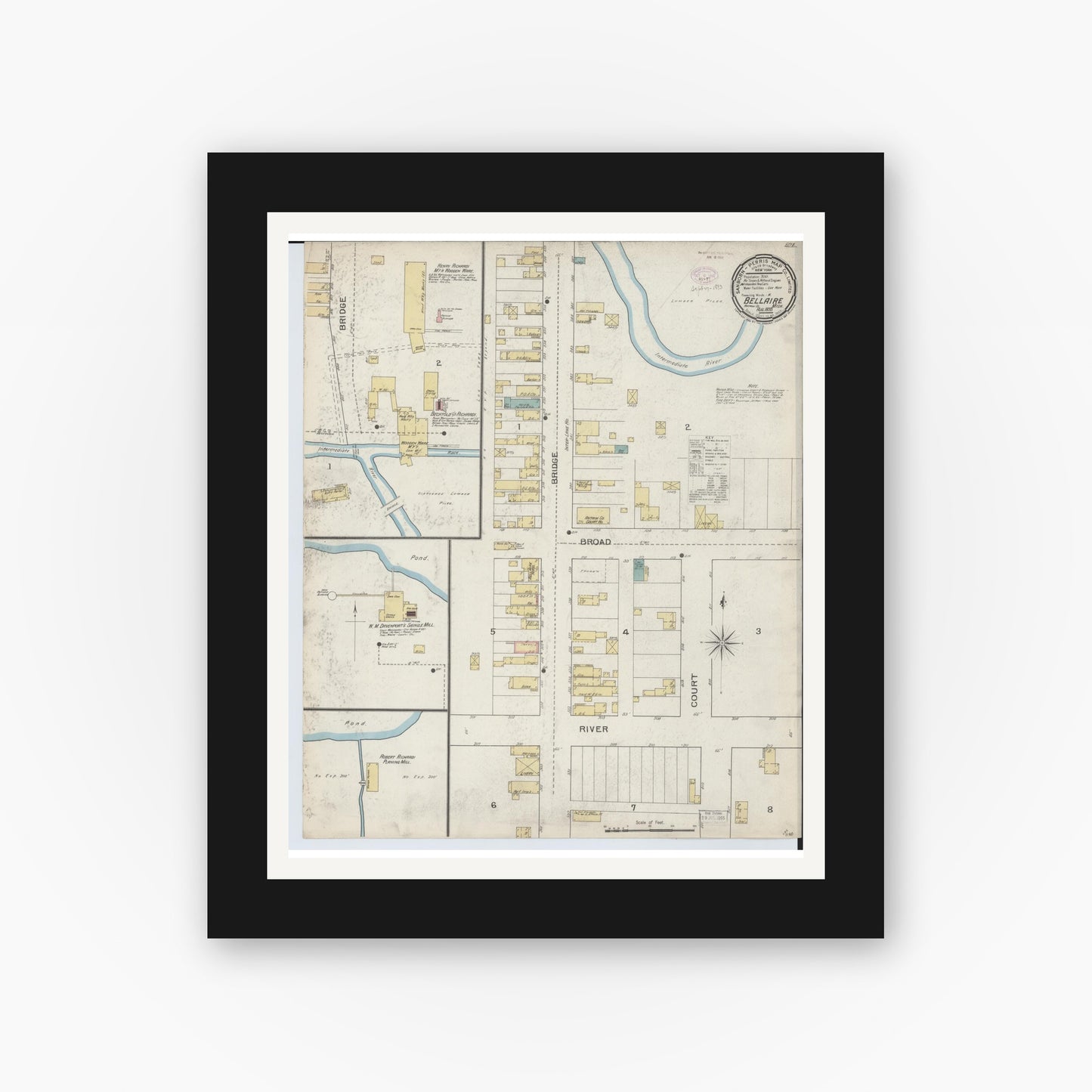 Old map wall art mockup — black gallery frame with white mat — Sanborn Fire Insurance Map from Bellaire, Antrim County, Michigan (1893), Sheet #0001