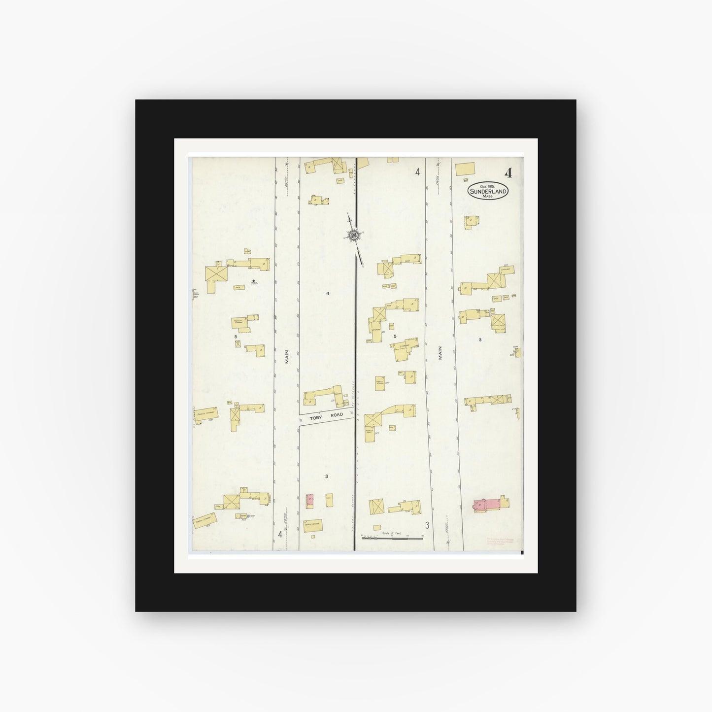 Old map wall art mockup — black gallery frame with white mat — Sanborn Fire Insurance Map from Sunderland, Franklin County, Massachusetts (1915), Sheet #0004