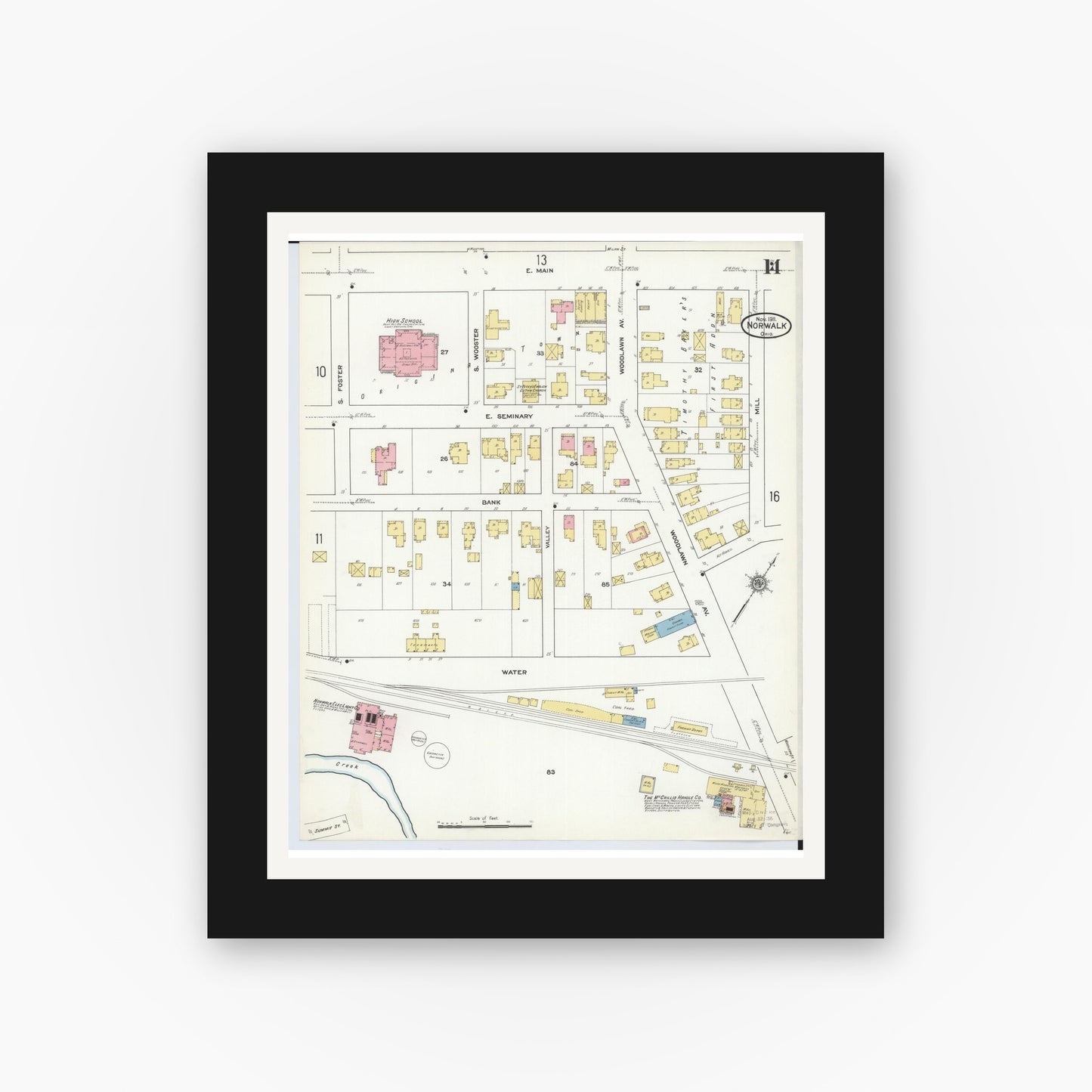 Old map wall art mockup — black gallery frame with white mat — Sanborn Fire Insurance Map from Norwalk, Huron County, Ohio (1911), Sheet #0014