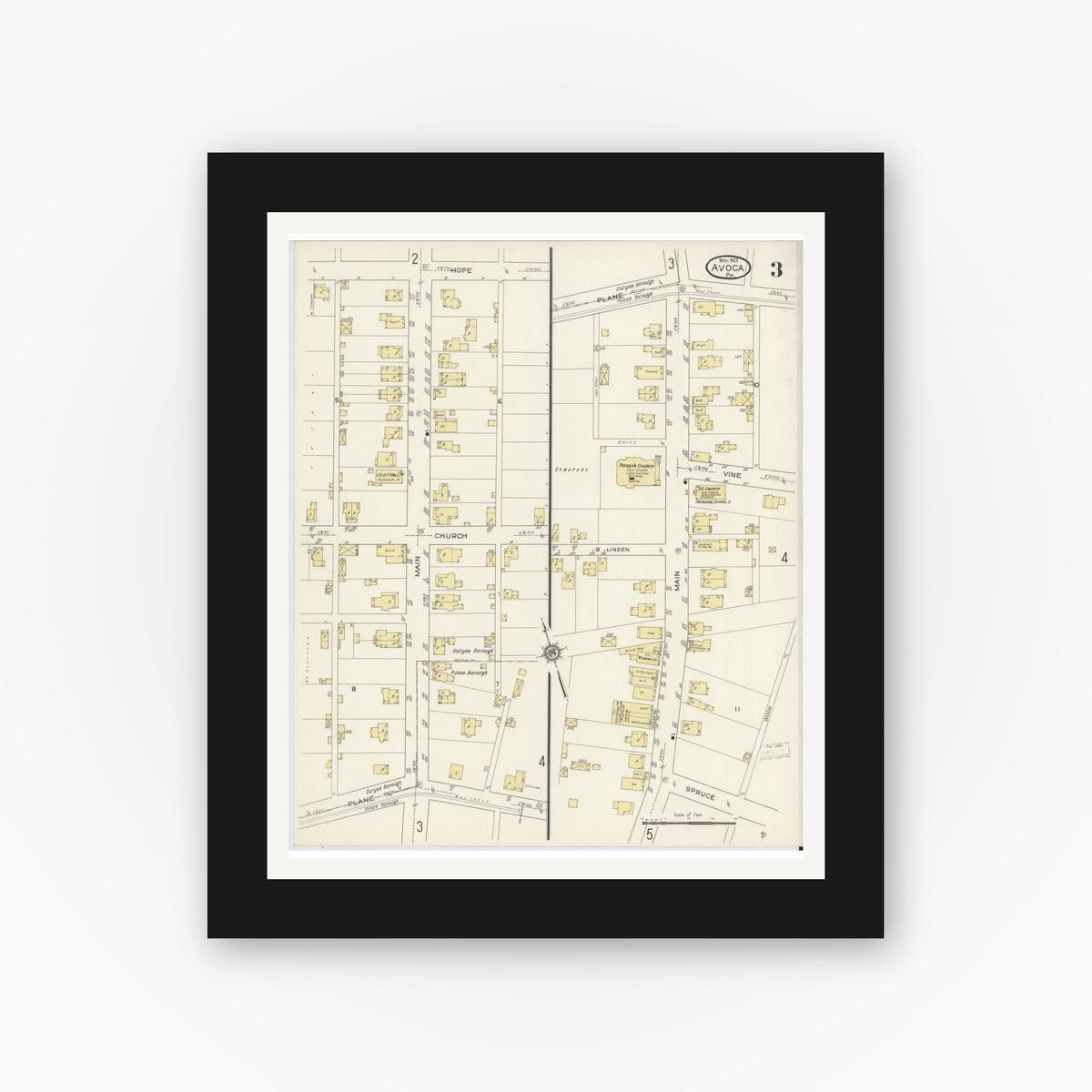 Old map wall art mockup — black gallery frame with white mat — Sanborn Fire Insurance Map from Avoca, Luzerne County, Pennsylvania (1913), Sheet #0003