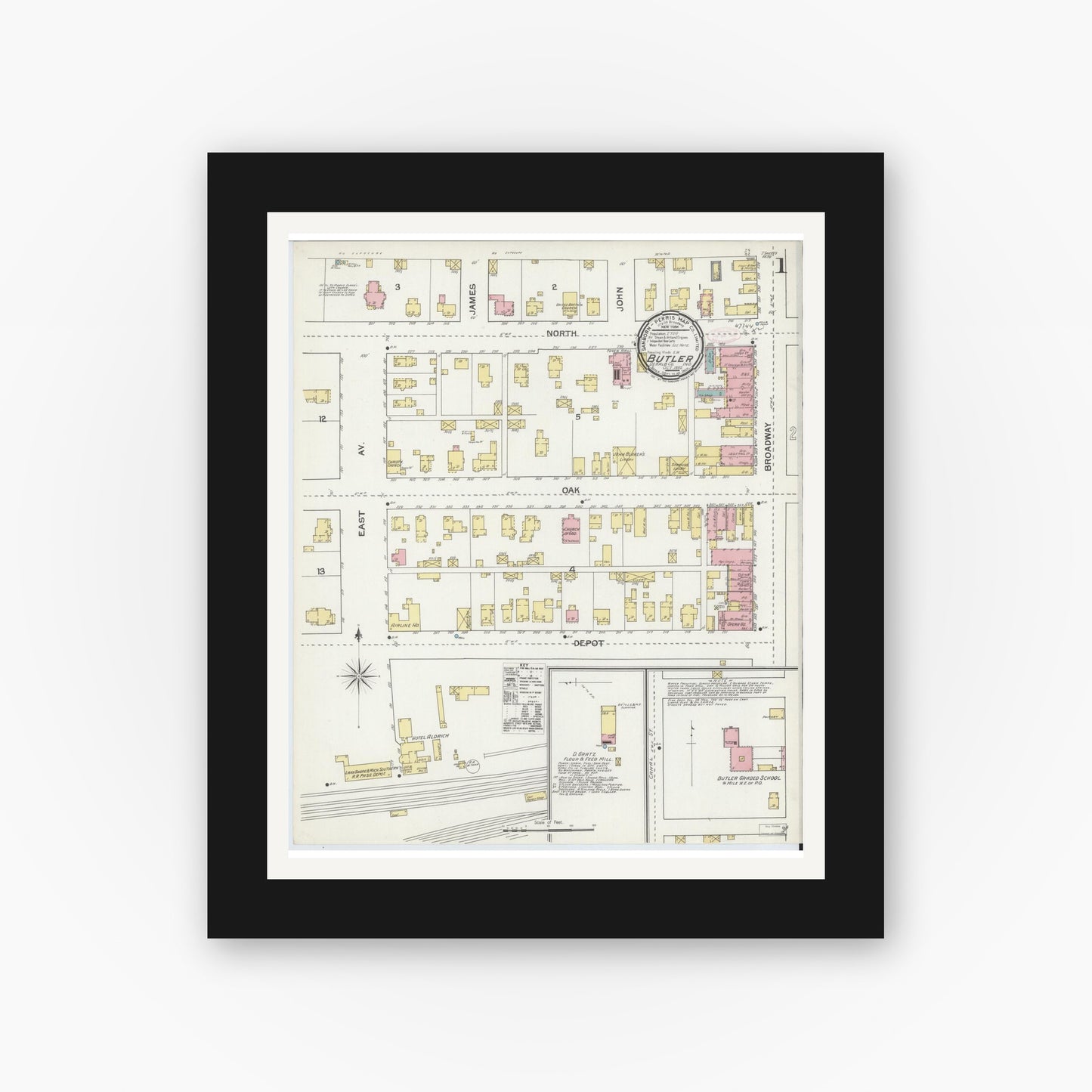 Old map wall art mockup — black gallery frame with white mat — Sanborn Fire Insurance Map from Butler, De Kalb County, Indiana (1892) - Complete Map Set