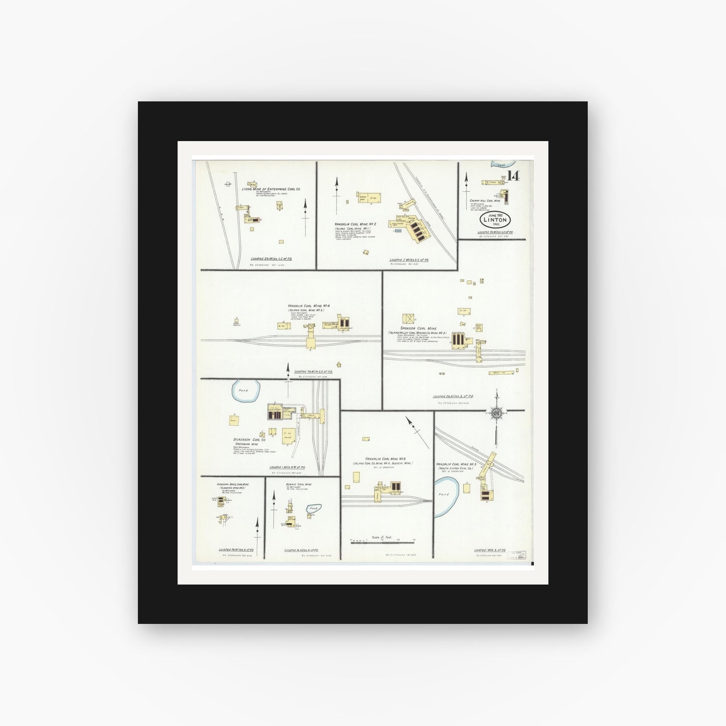 Old map wall art mockup — black gallery frame with white mat — Sanborn Fire Insurance Map from Linton, Greene County, Indiana (1910), Sheet #0014