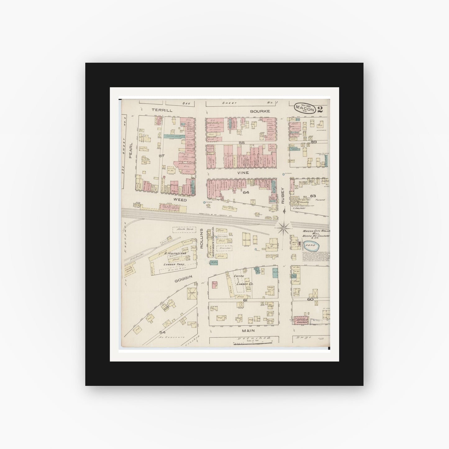 Old map wall art mockup — black gallery frame with white mat — Sanborn Fire Insurance Map from Macon, Macon County, Missouri (1885), Sheet #0002