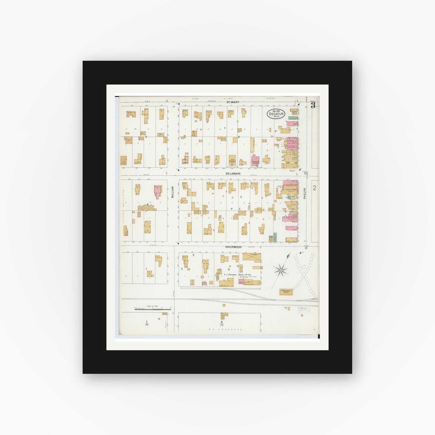Old map wall art mockup — black gallery frame with white mat — Sanborn Fire Insurance Map from Decatur, Van Buren County, Michigan (1899), Sheet #0003