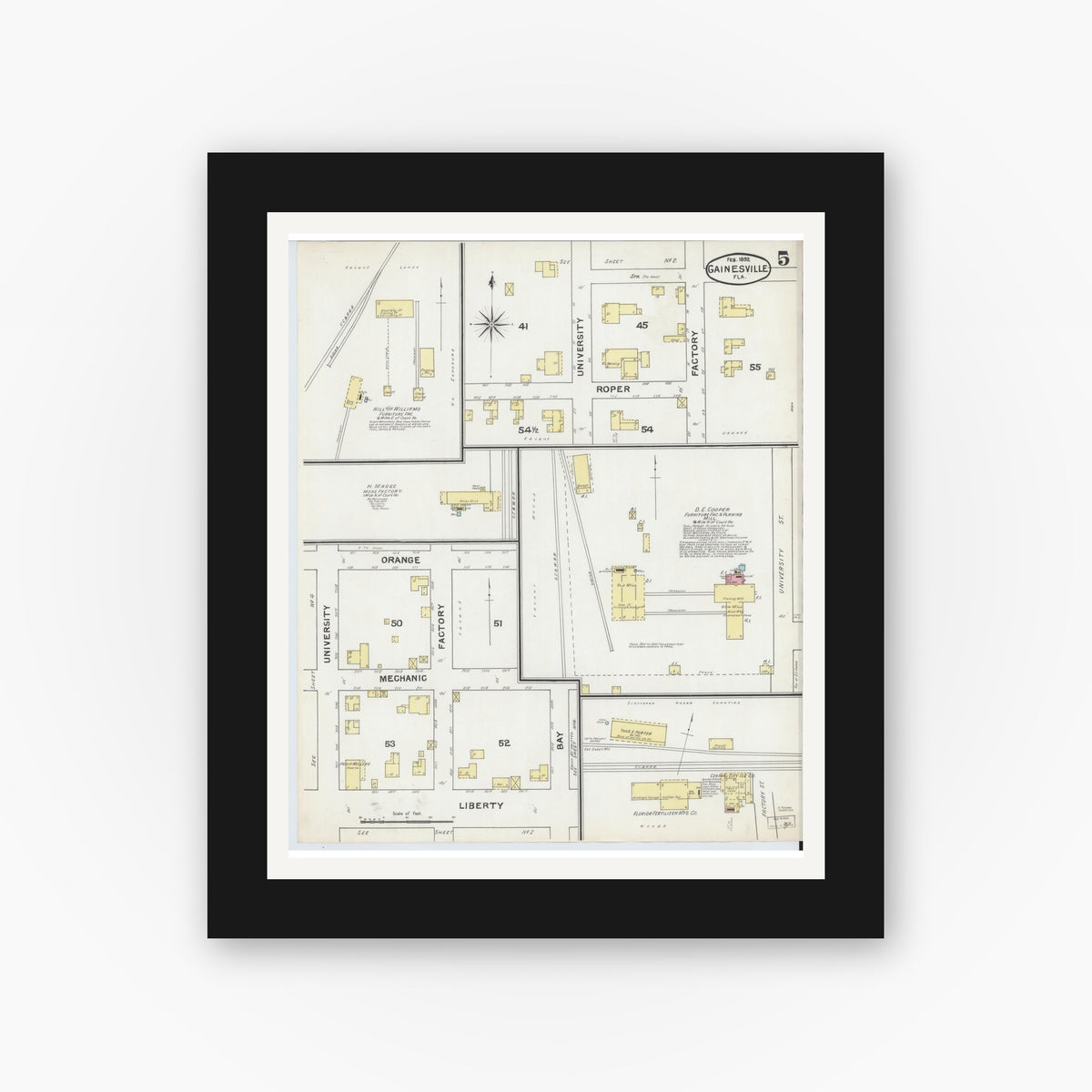 Old map wall art mockup — black gallery frame with white mat — Sanborn Fire Insurance Map from Gainesville, Alachua County, Florida (1892), Sheet #0005